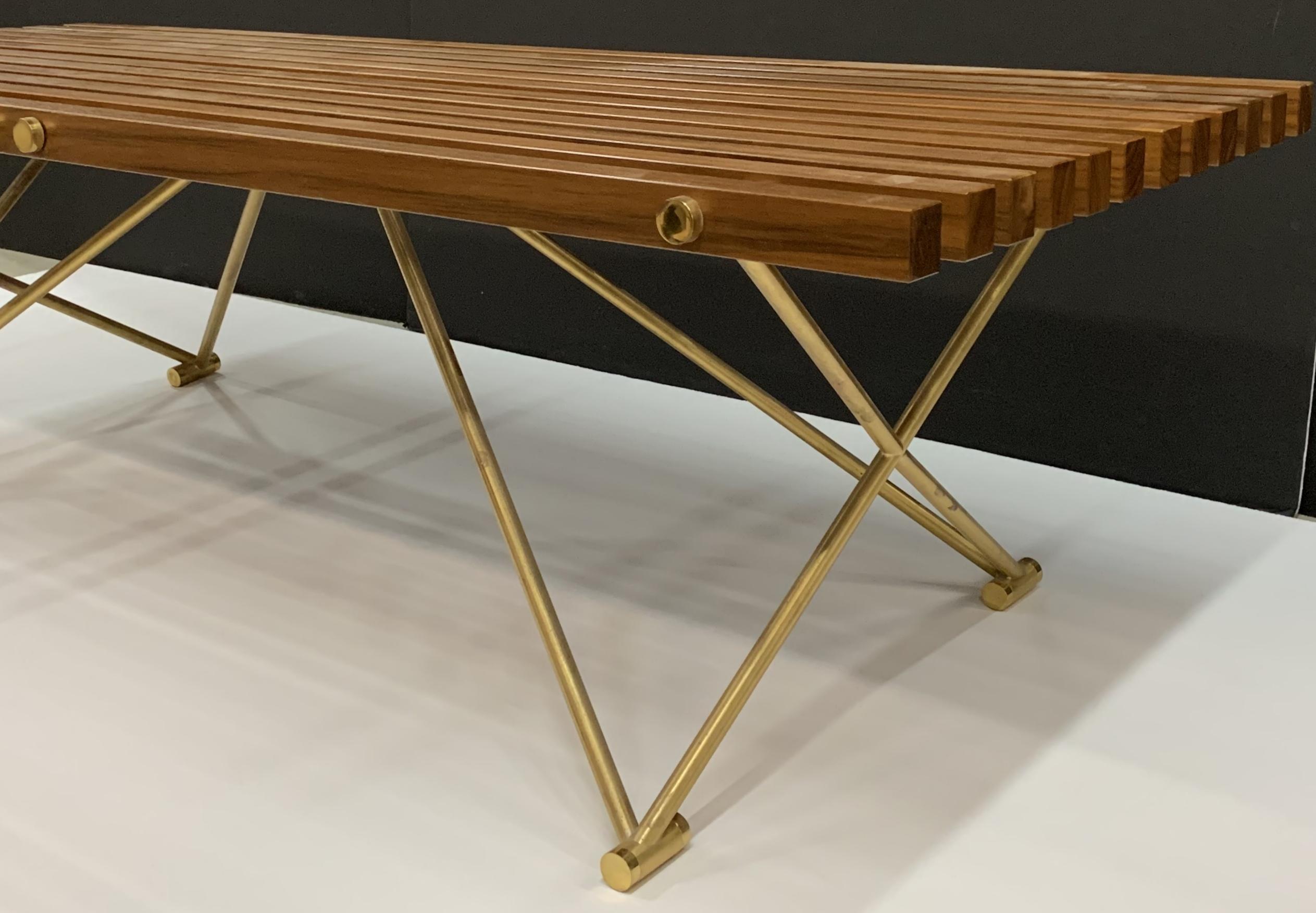 20th Century Wonderful Mid-Century Modern Wood Slat Polished Brass Coffee Cocktail Table For Sale