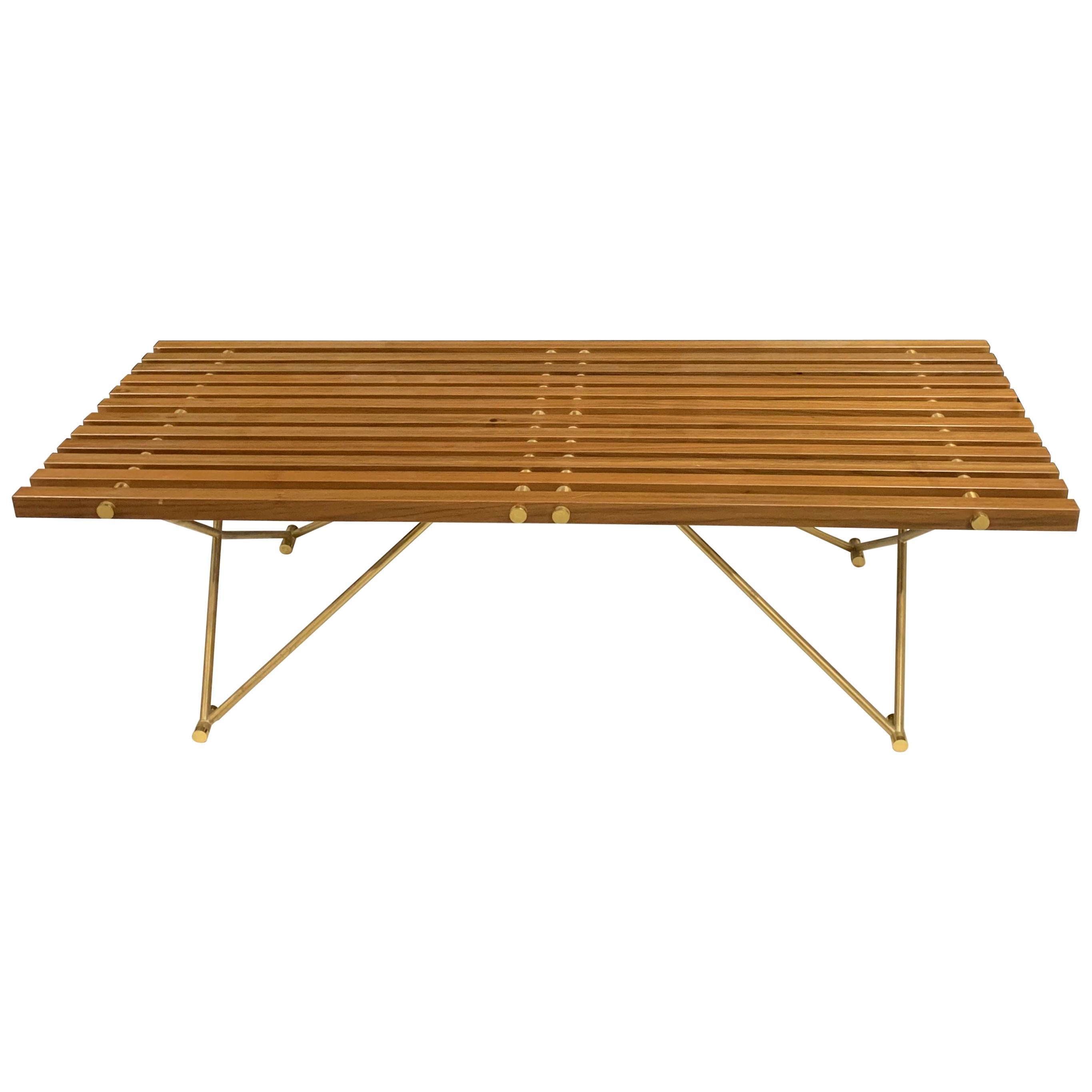Wonderful Mid-Century Modern Wood Slat Polished Brass Coffee Cocktail Table For Sale