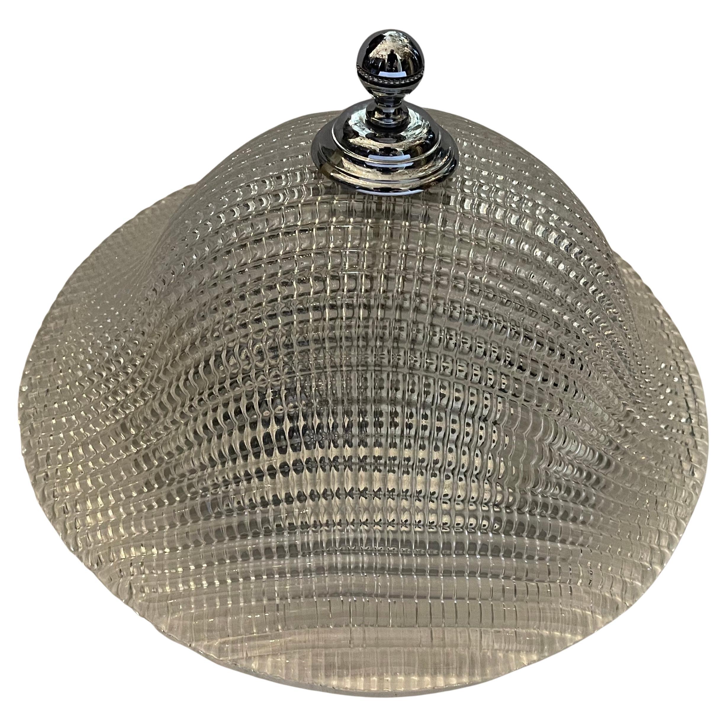 Wonderful Mid Century Murano Ribbed Glass Nickel Ceiling Flush Mount Fixture