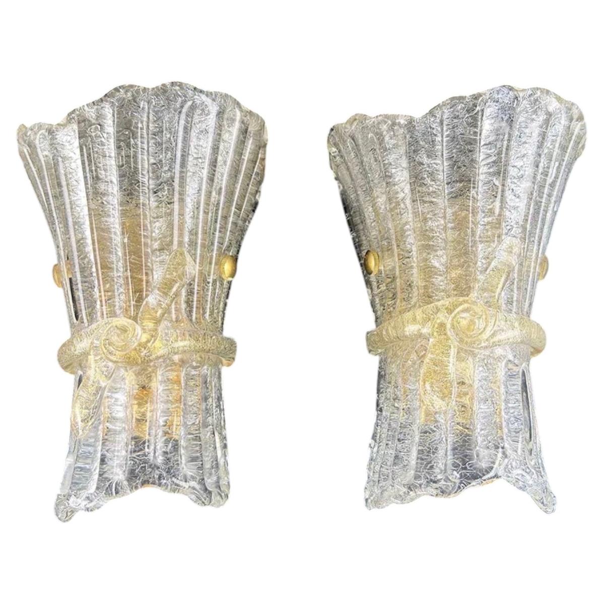 Wonderful Mid Century Pair Italian Murano Art Glass Wall Sconces Barovier & Toso