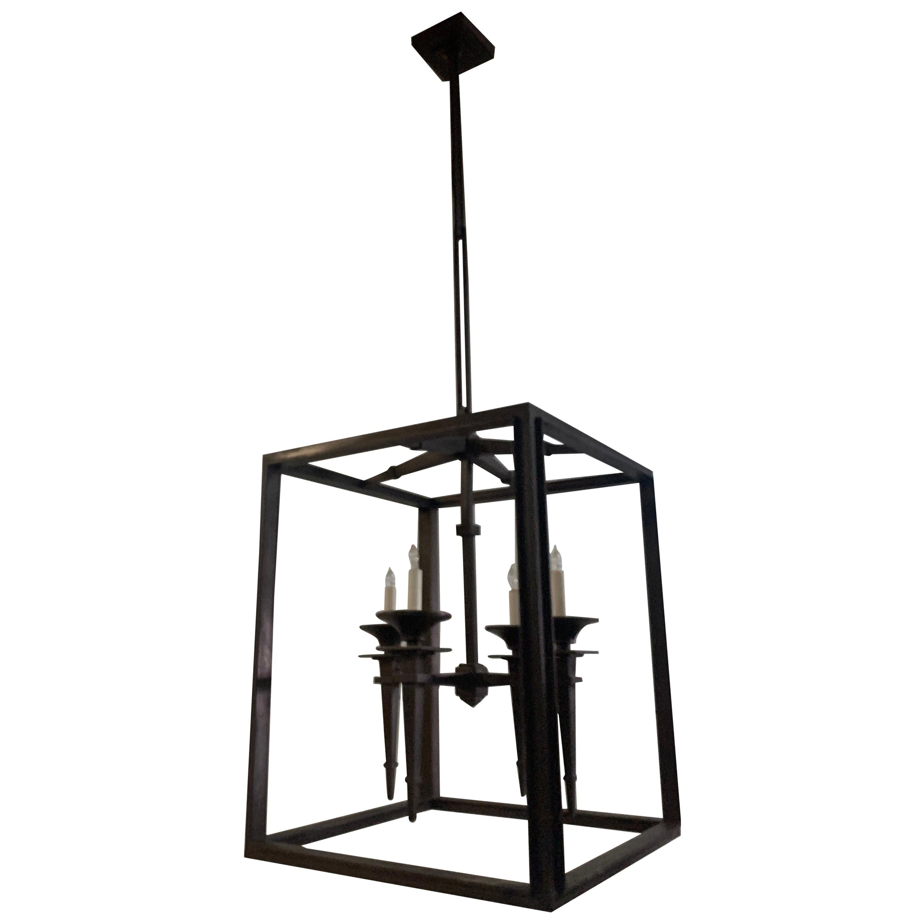 Wonderful Midcentury Sleek Modern Deco Set Three Large Iron Bronze Lanterns For Sale