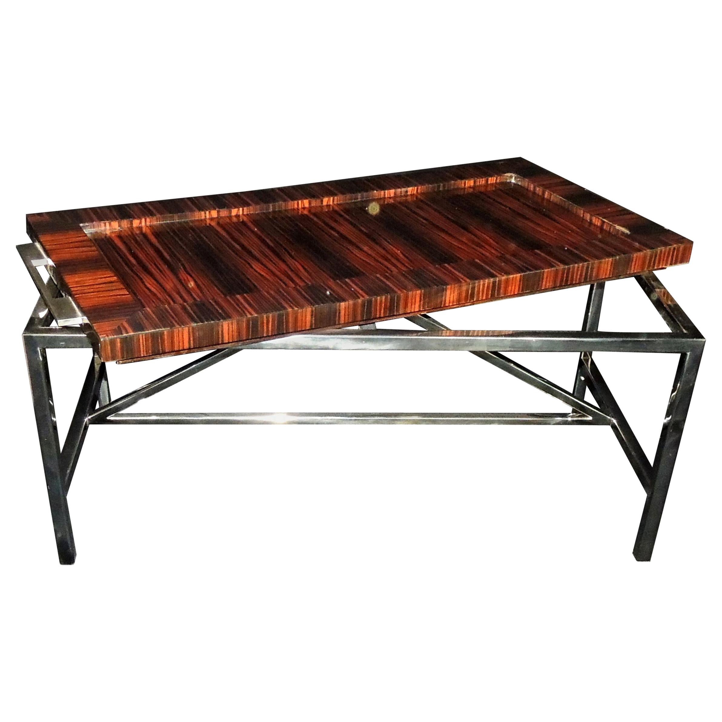 Wonderful Midcentury Macassar Ebony Polished Nickel Deco Tray Top Coffee Table For Sale