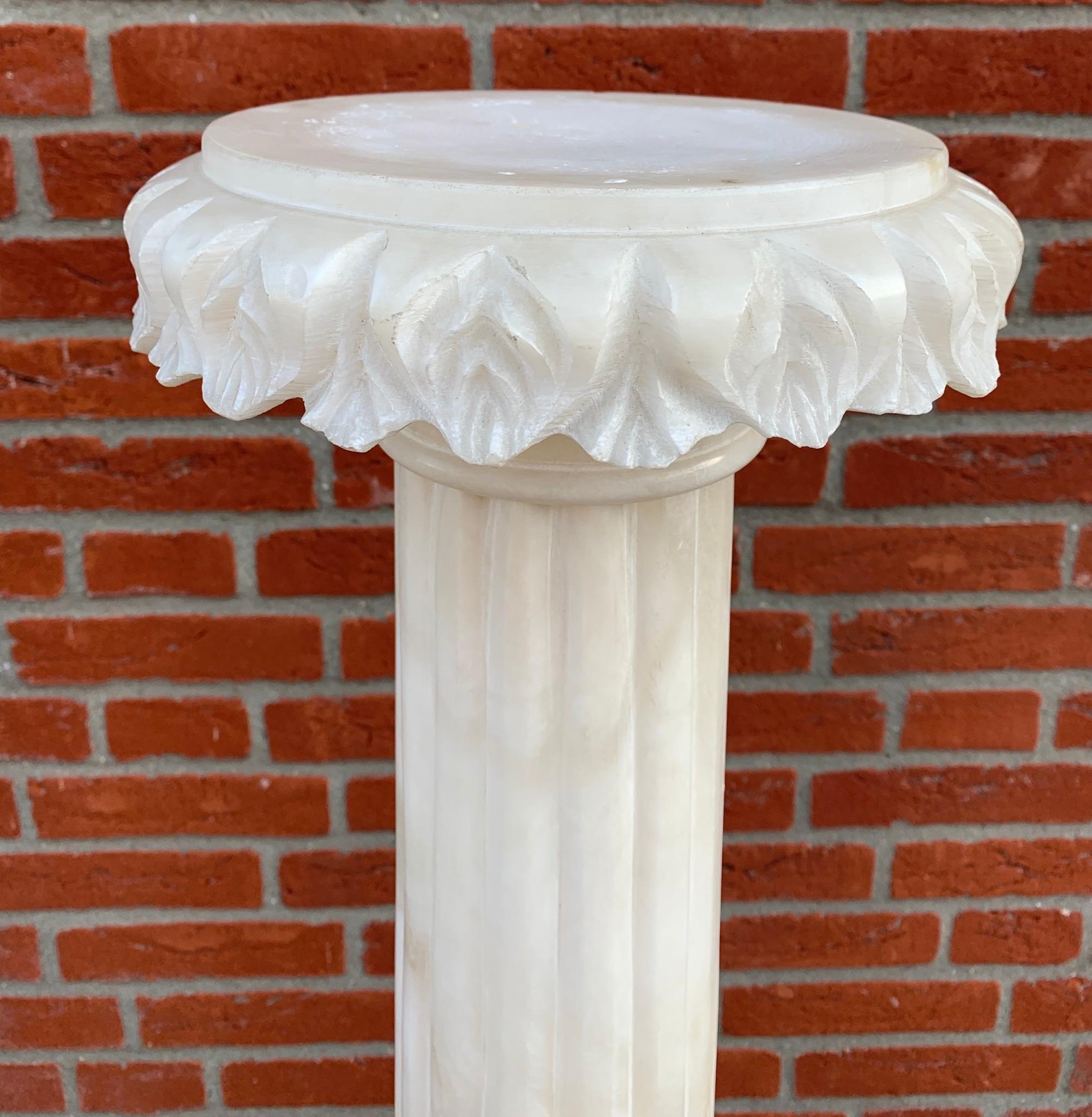 Polished Wonderful Midcentury Made Art Deco Style Carved Alabaster Column Pedestal Stand For Sale