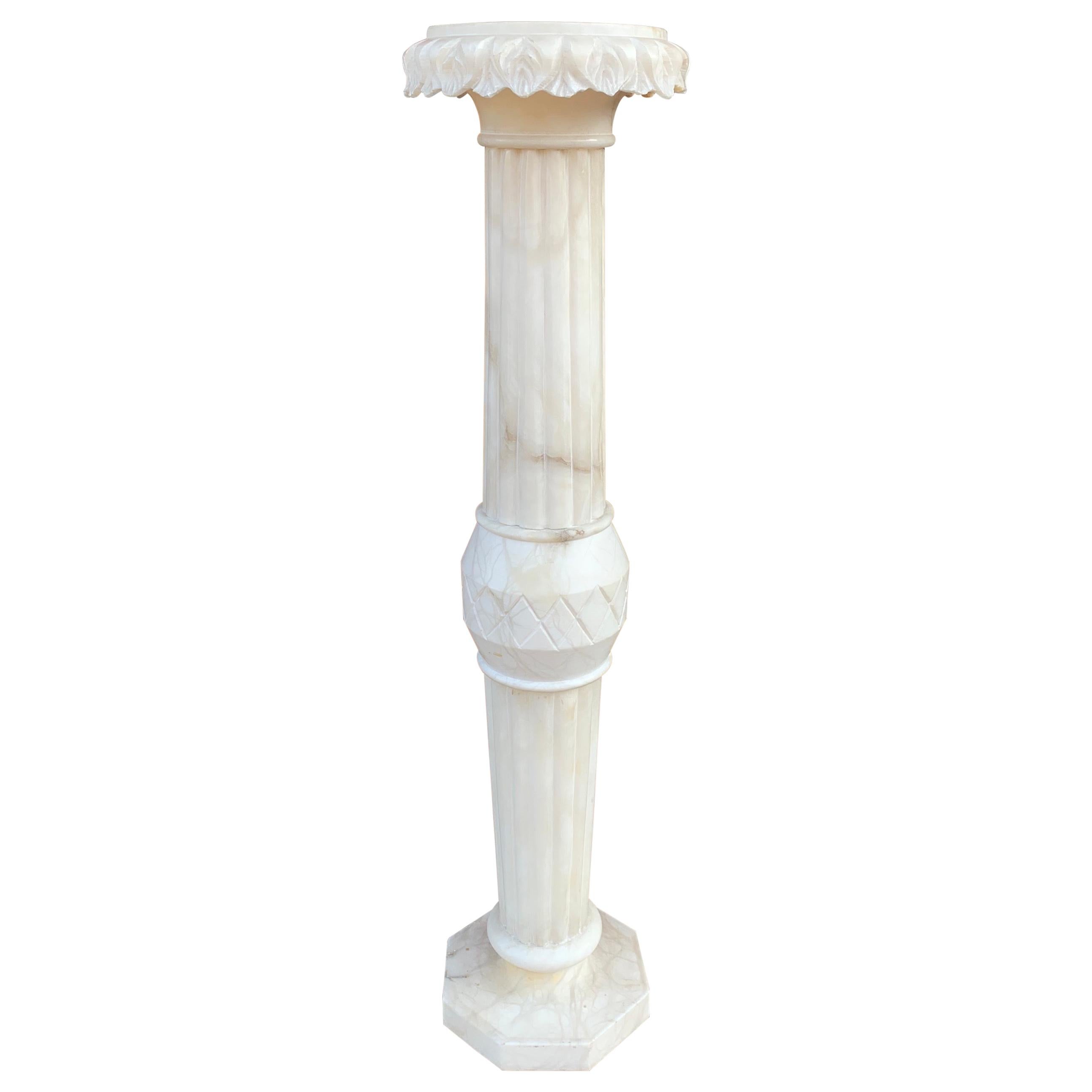 Wonderful Midcentury Made Art Deco Style Carved Alabaster Column Pedestal Stand