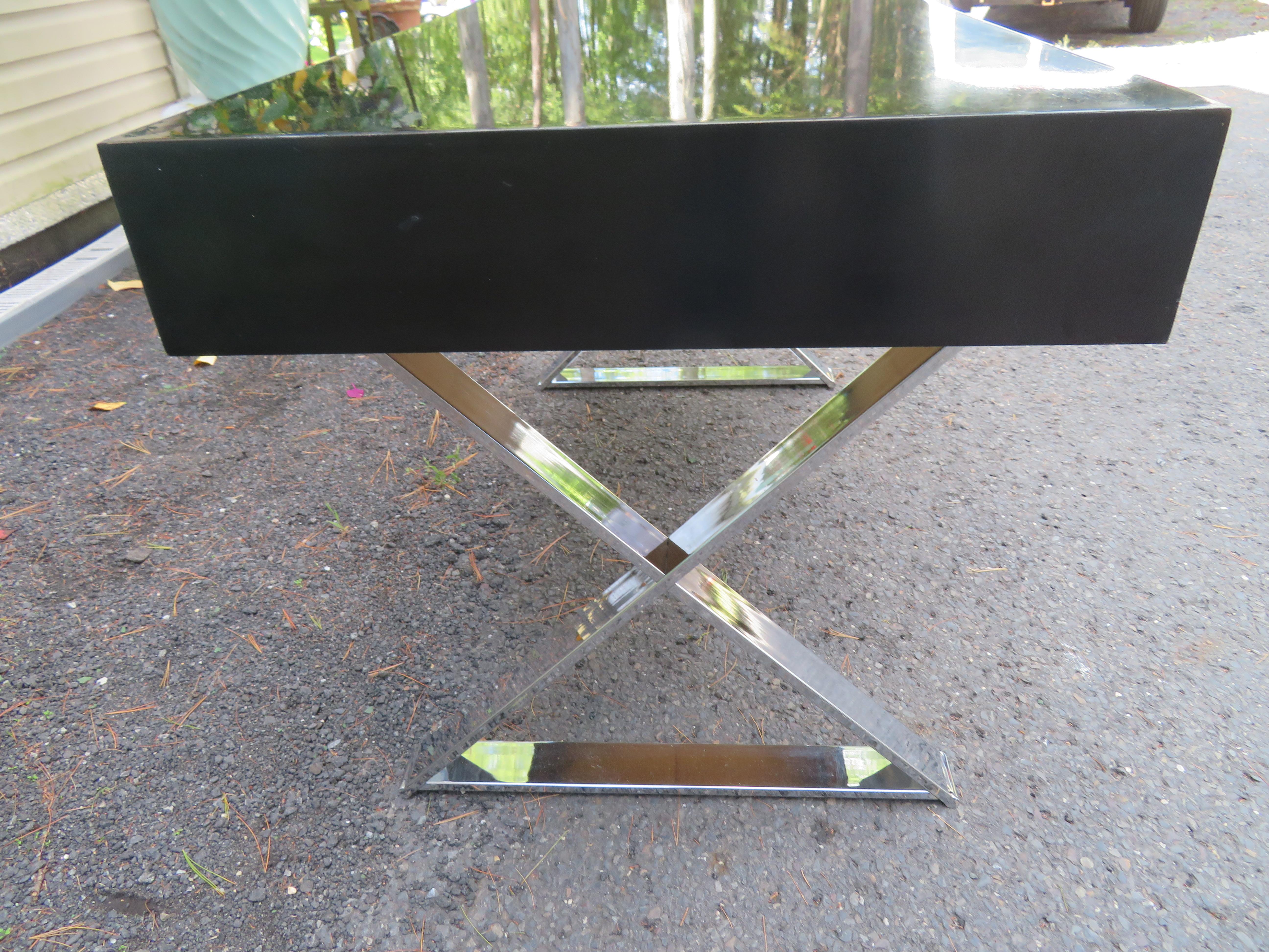 American Wonderful Milo Baughman style Black Lacquered Rosewood Desk Chrome X Base  For Sale