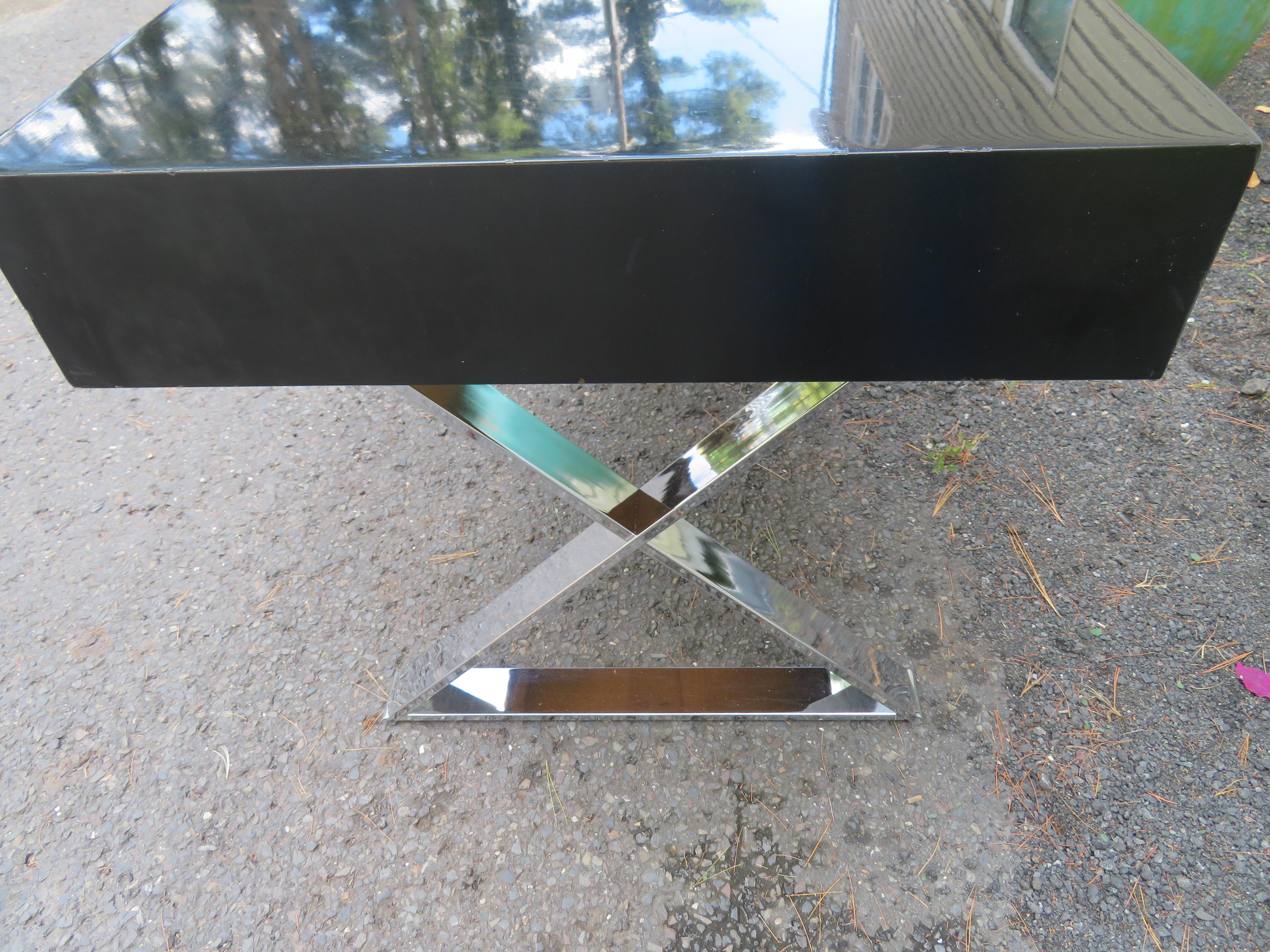 Wonderful Milo Baughman style Black Lacquered Rosewood Desk Chrome X Base  In Good Condition For Sale In Pemberton, NJ