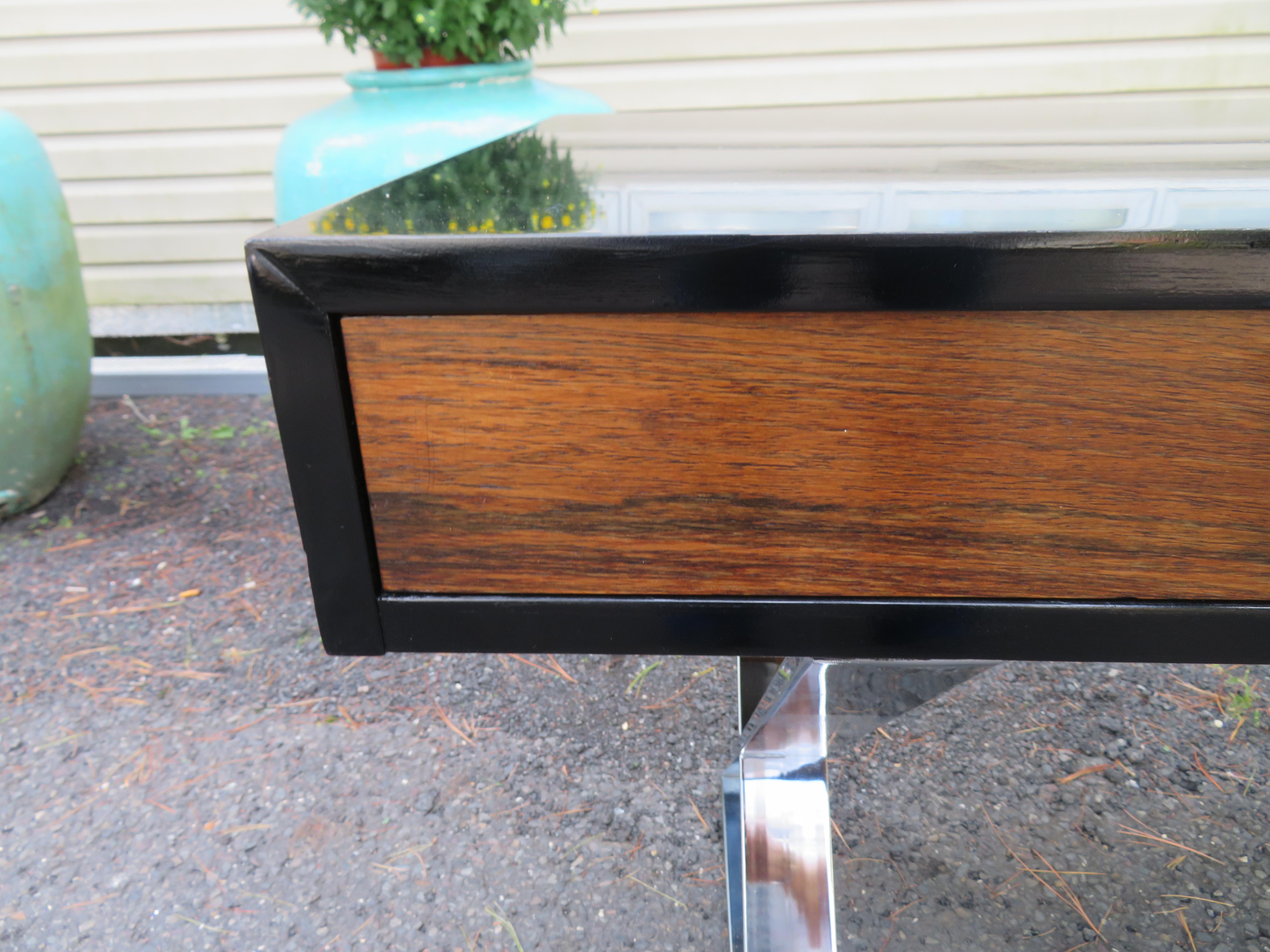 Late 20th Century Wonderful Milo Baughman style Black Lacquered Rosewood Desk Chrome X Base  For Sale