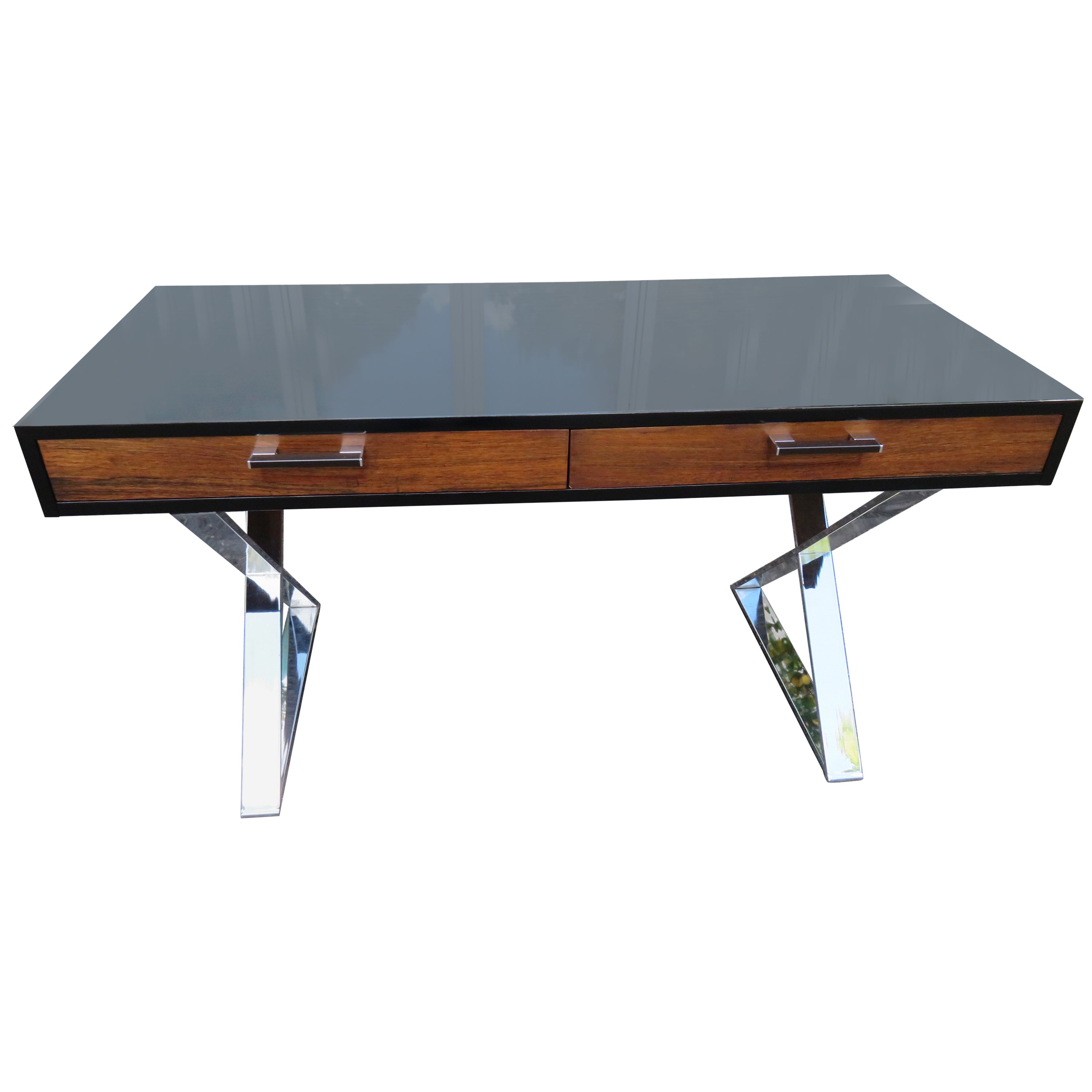 Wonderful Milo Baughman style Black Lacquered Rosewood Desk Chrome X Base