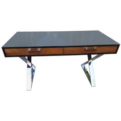 Wonderful Milo Baughman style Black Lacquered Rosewood Desk Chrome X Base