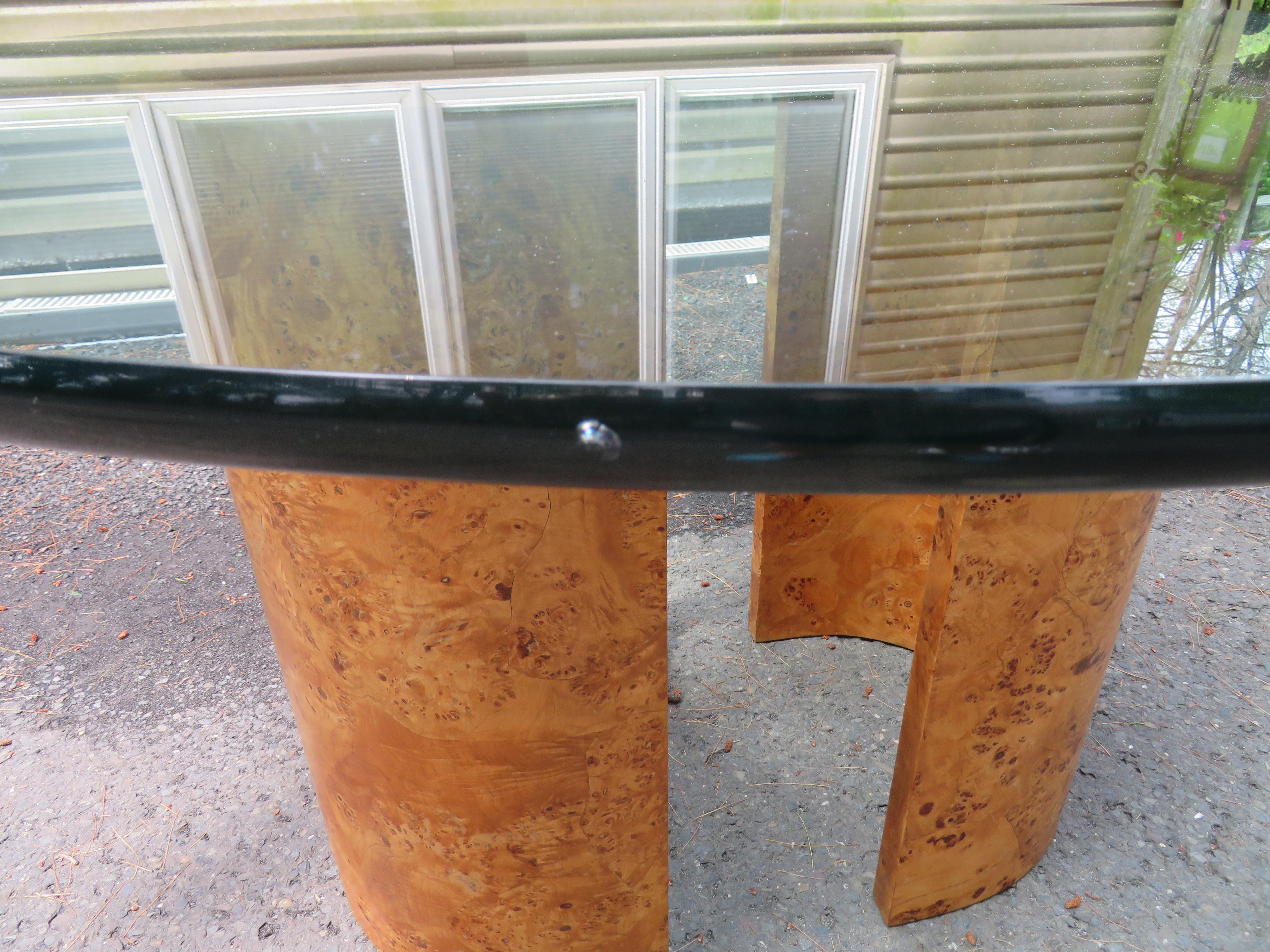 American Wonderful Milo Baughman Style Burled Double U-Shaped Pedestal Dining Table
