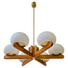 Wonderful Minimalistic Oak and Opal Glass Chandelier by Kaiser, Germany 1970s