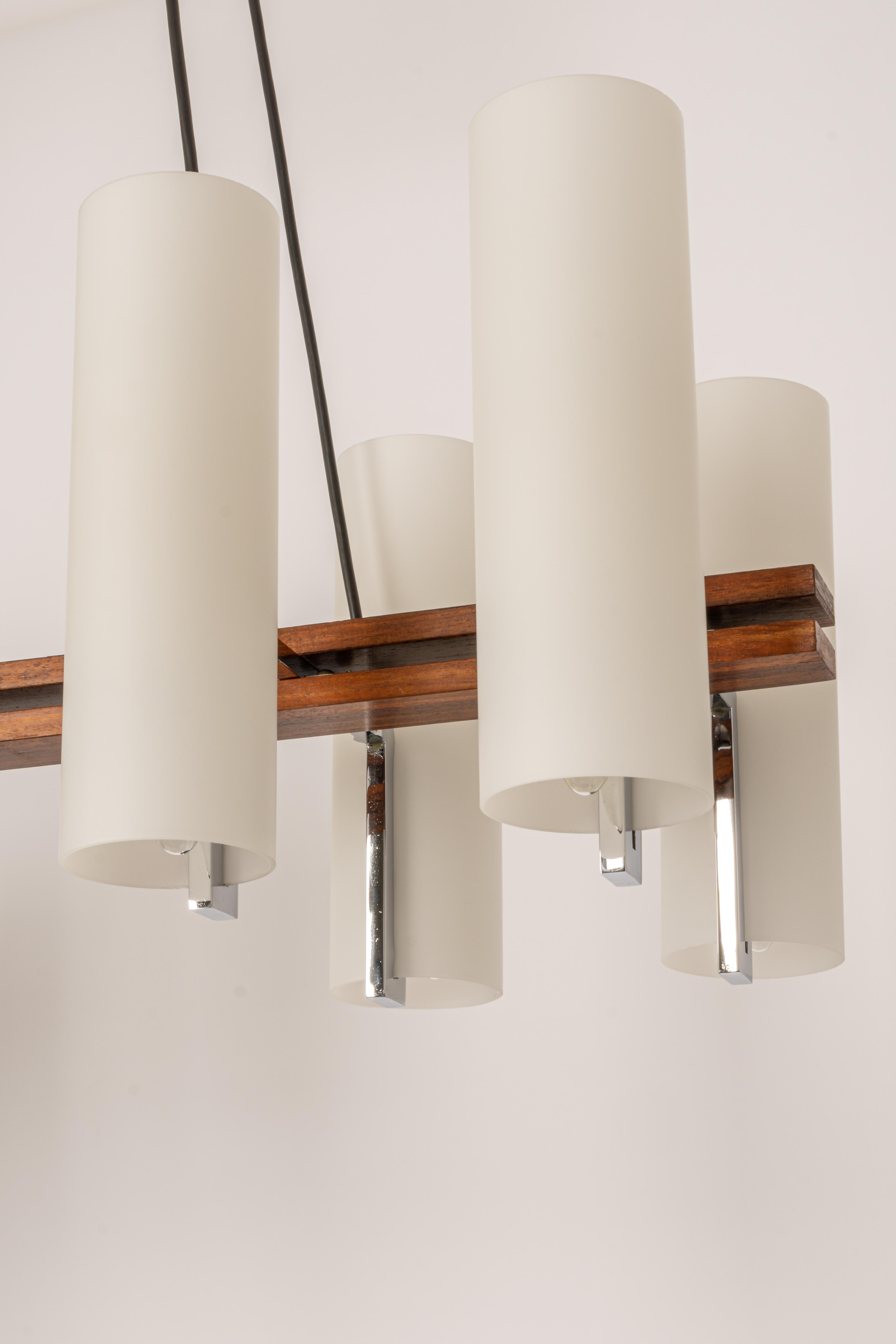 Wonderful Minimalistic Teak and Opal Glass Chandelier by Kaiser, Germany 1960s For Sale 5