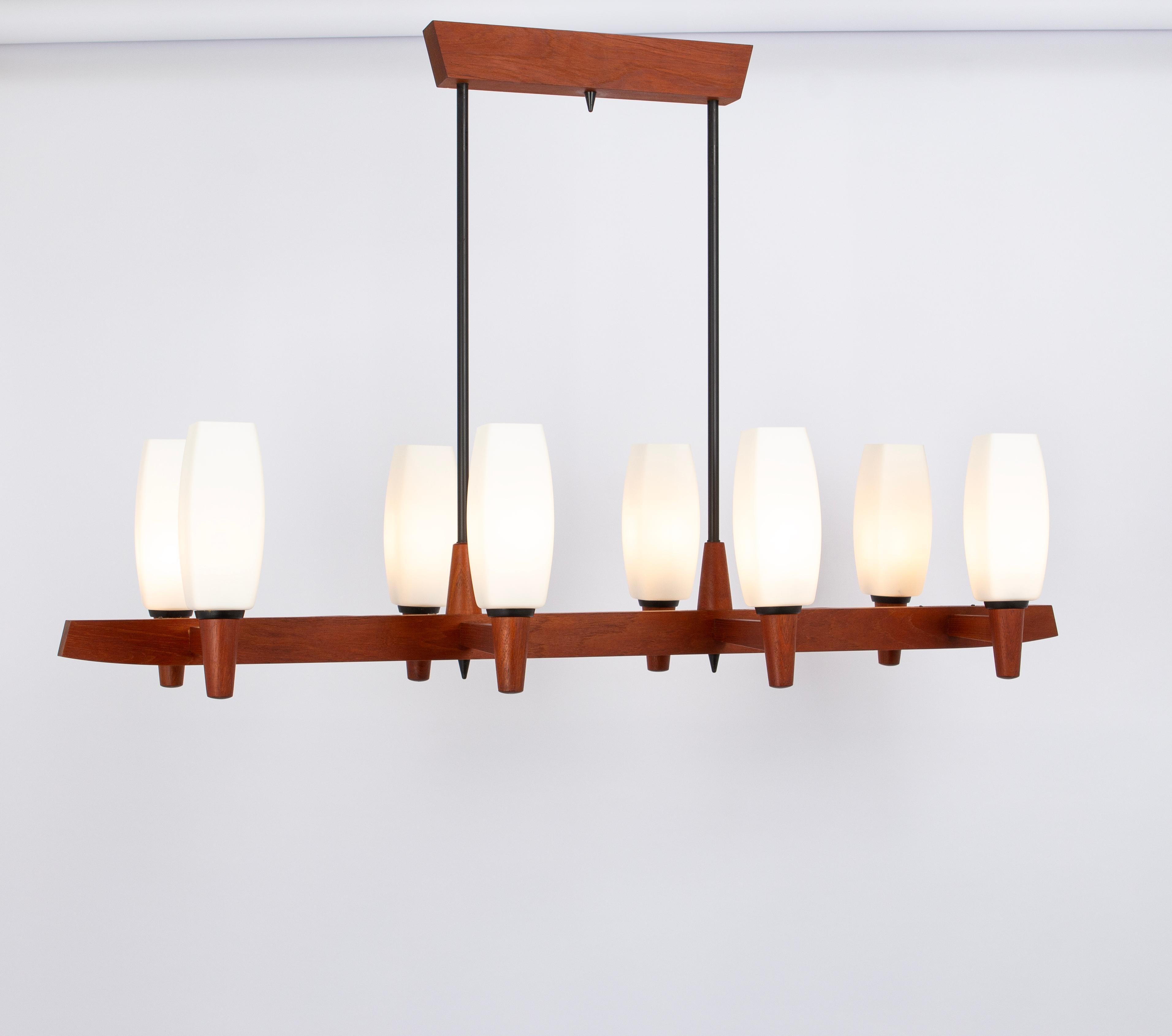 Wonderful Minimalistic Teak and Opal Glass Chandelier by Kaiser, Germany 1960s For Sale 5