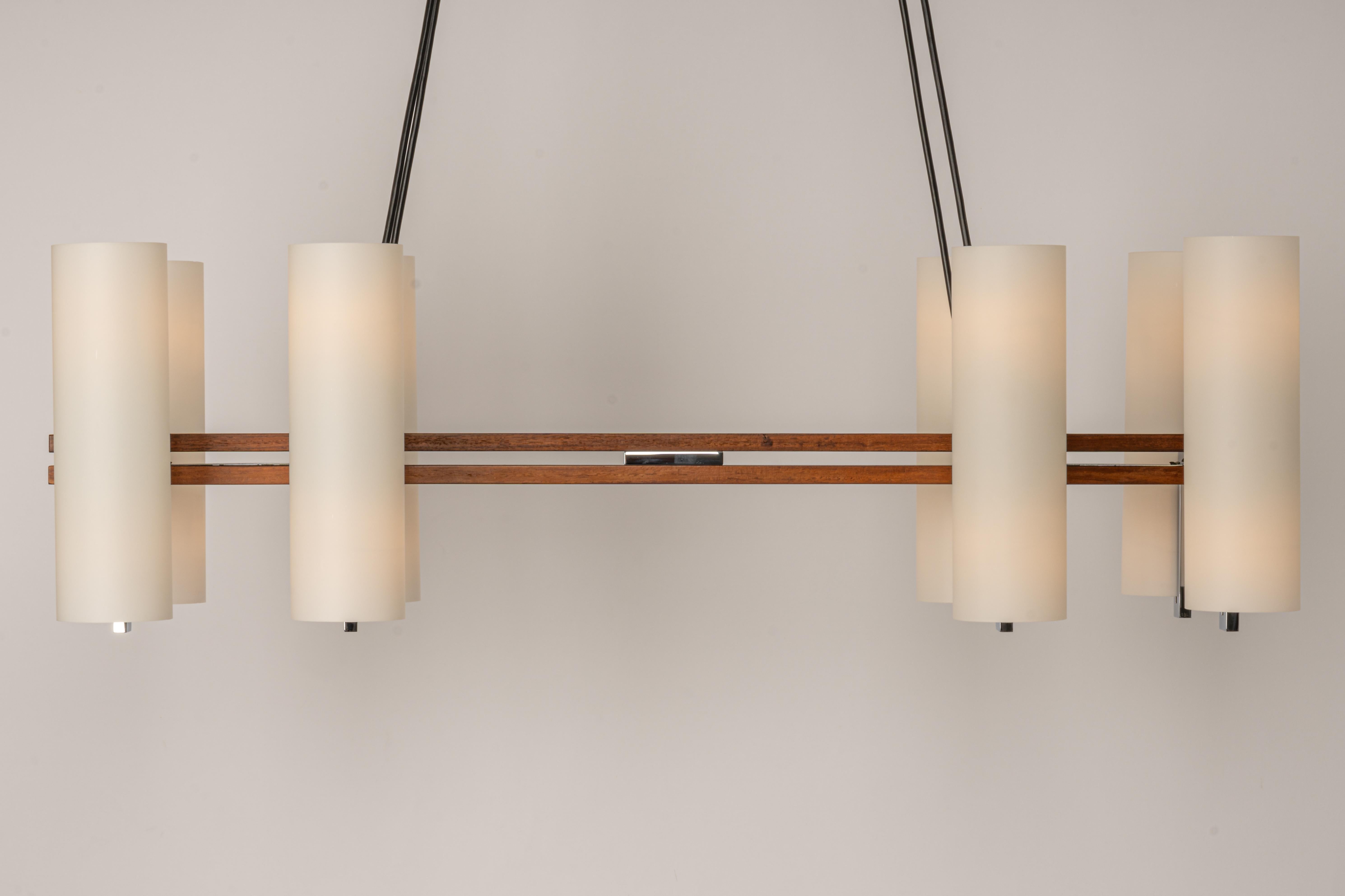 Wonderful Minimalistic Teak and Opal Glass Chandelier by Kaiser, Germany 1960s For Sale 6