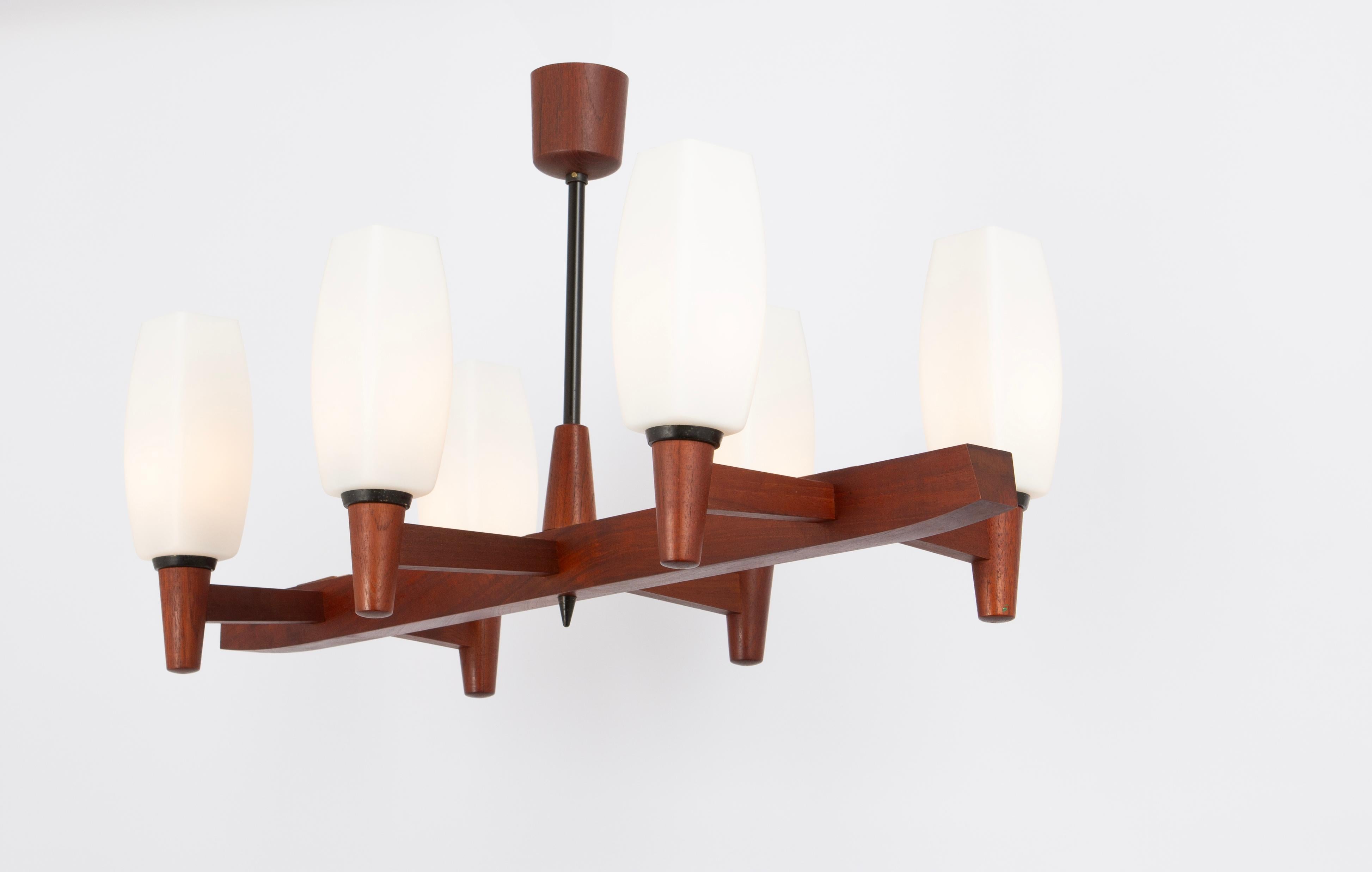 Mid-20th Century Wonderful Minimalistic Teak and Opal Glass Chandelier by Kaiser, Germany 1960s For Sale