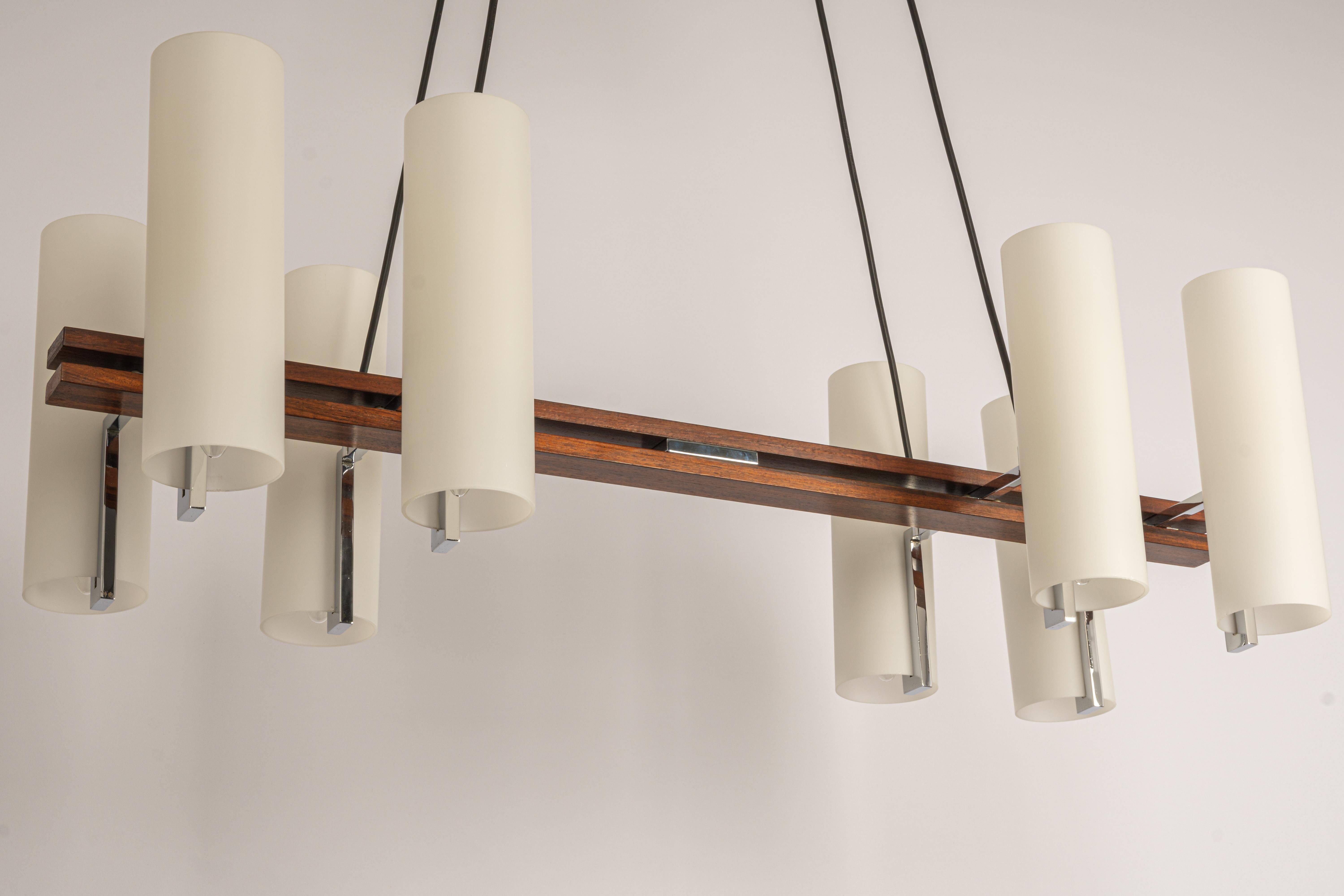 Mid-20th Century Wonderful Minimalistic Teak and Opal Glass Chandelier by Kaiser, Germany 1960s For Sale