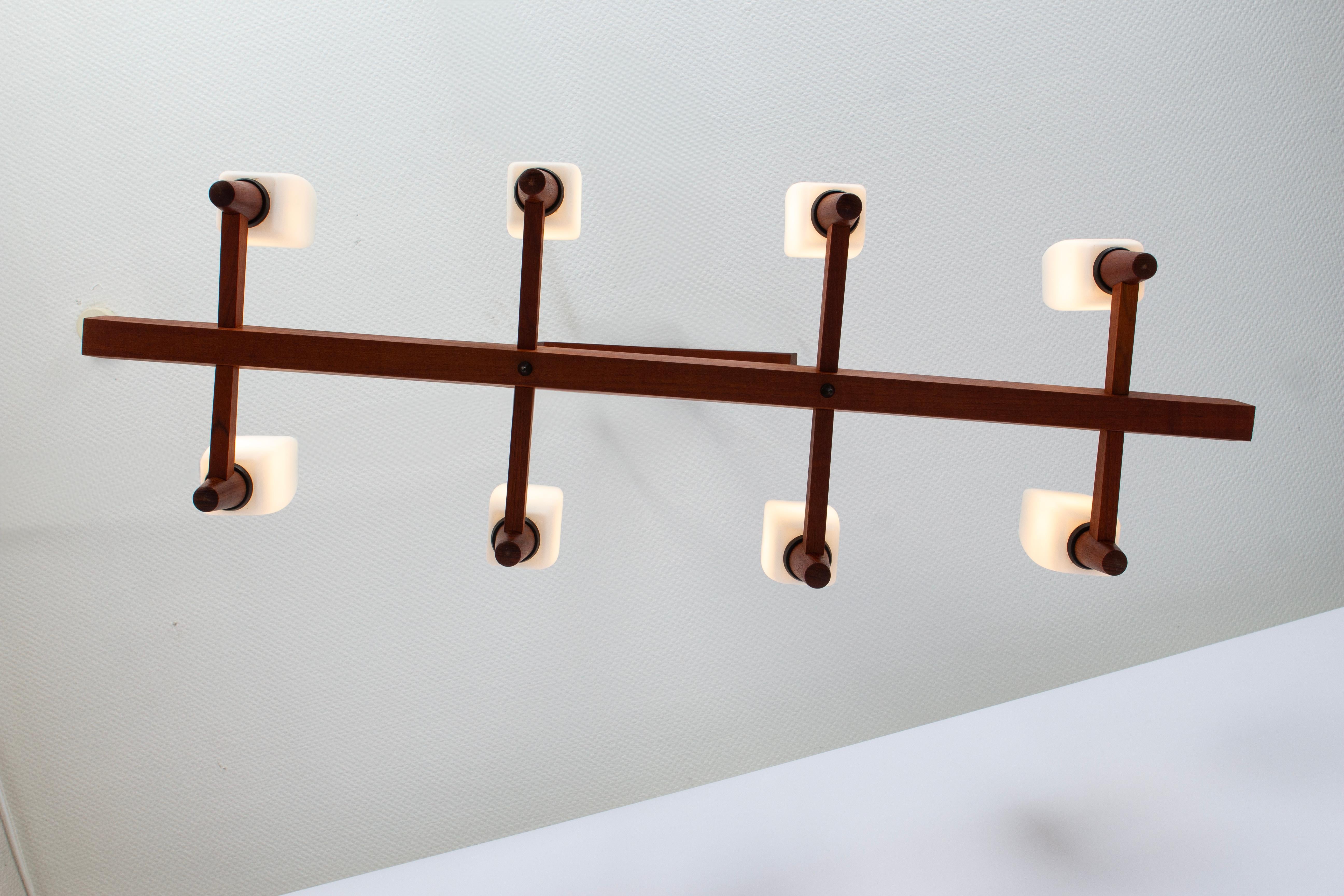 Wonderful Minimalistic Teak and Opal Glass Chandelier by Kaiser, Germany 1960s For Sale 1