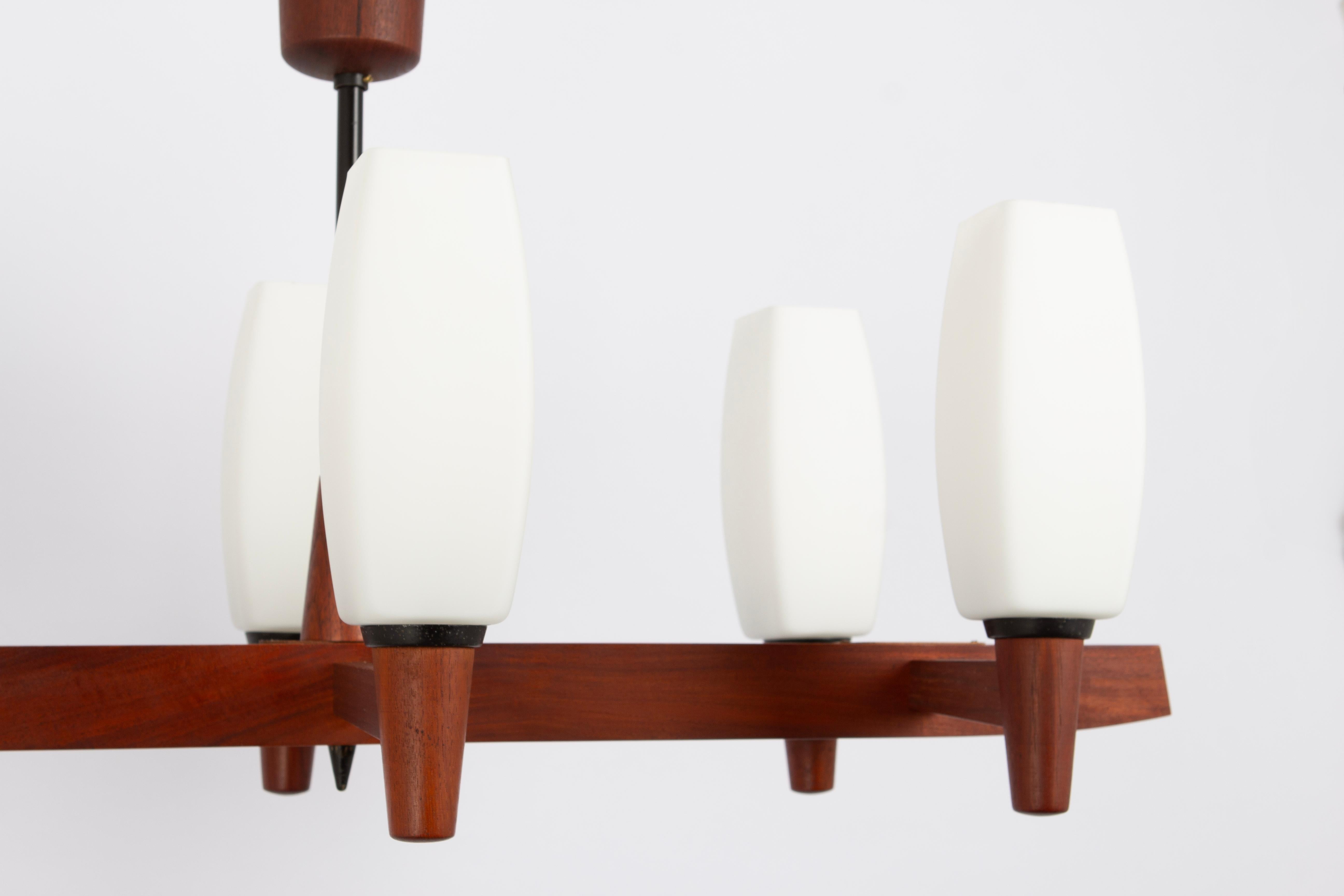 Wonderful Minimalistic Teak and Opal Glass Chandelier by Kaiser, Germany 1960s For Sale 1
