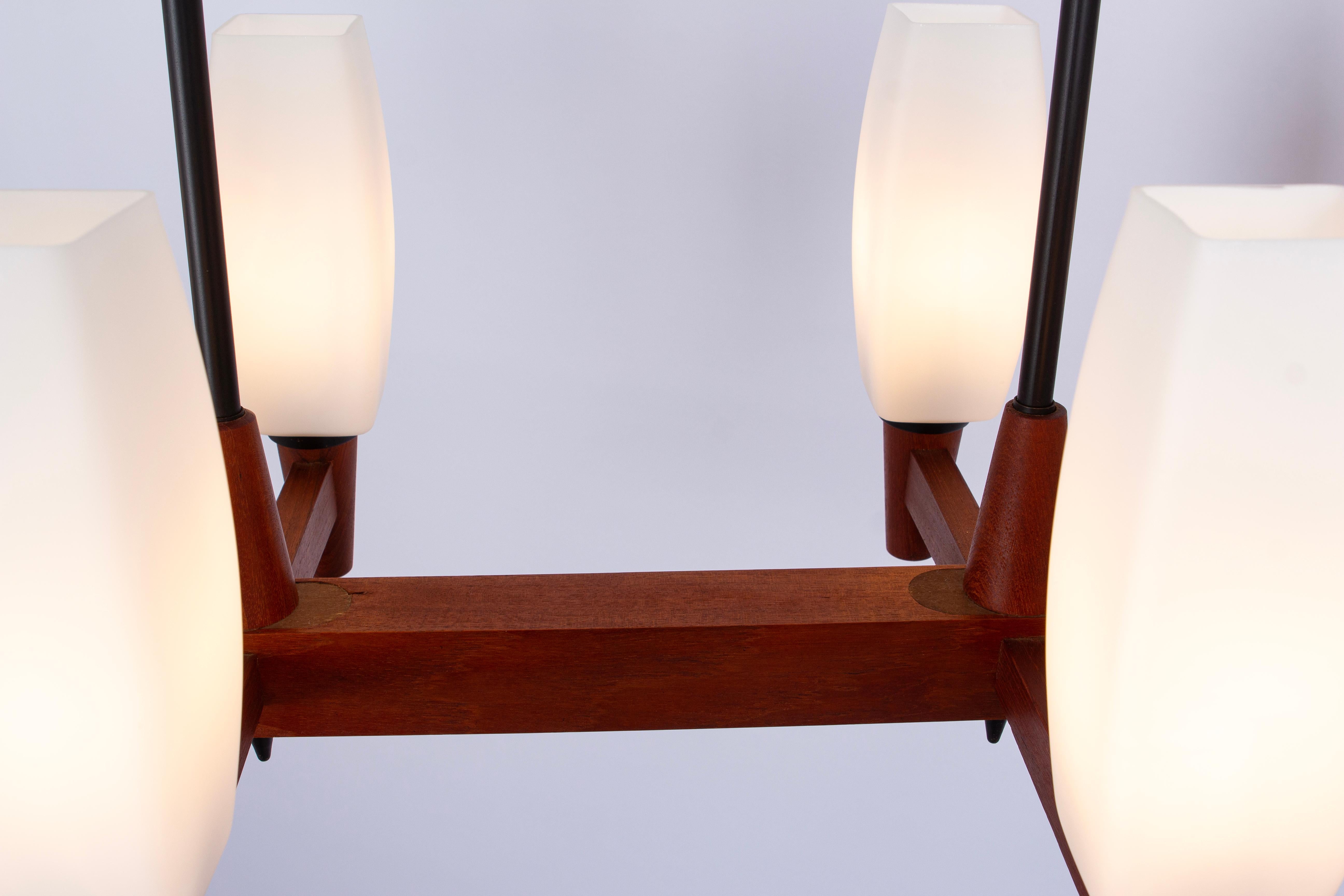 Wonderful Minimalistic Teak and Opal Glass Chandelier by Kaiser, Germany 1960s For Sale 2
