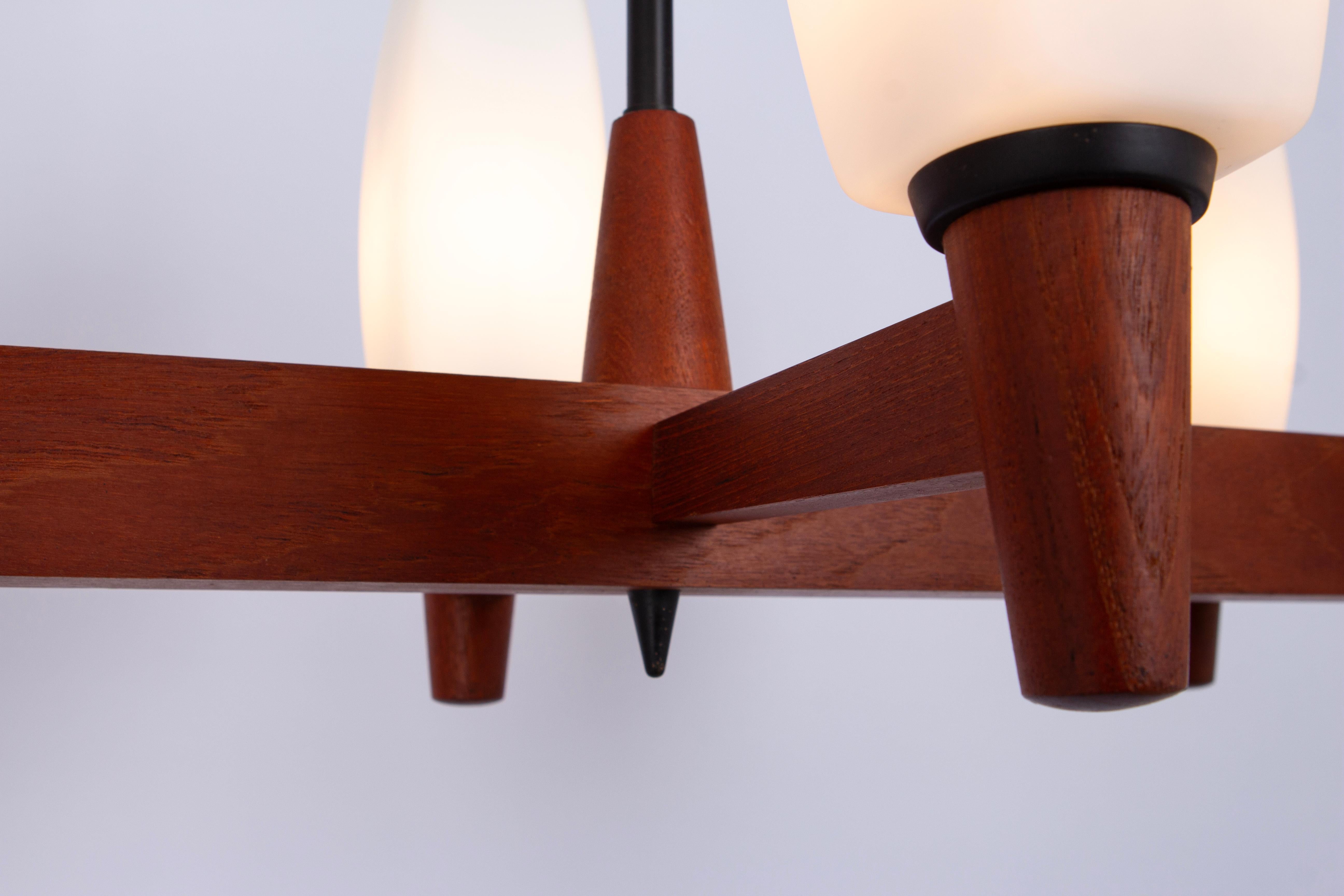 Wonderful Minimalistic Teak and Opal Glass Chandelier by Kaiser, Germany 1960s For Sale 3