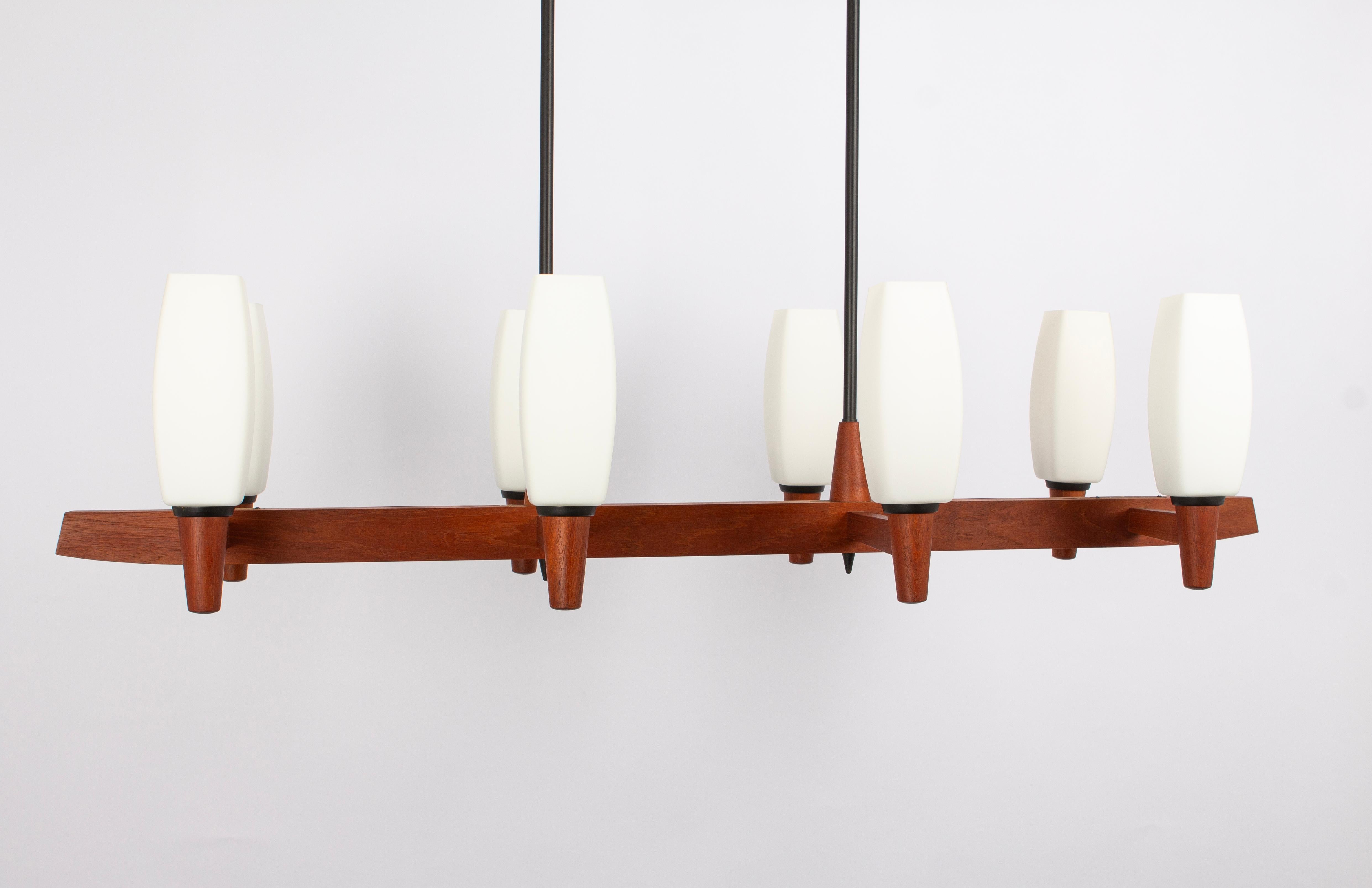 Wonderful Minimalistic Teak and Opal Glass Chandelier by Kaiser, Germany 1960s For Sale 4