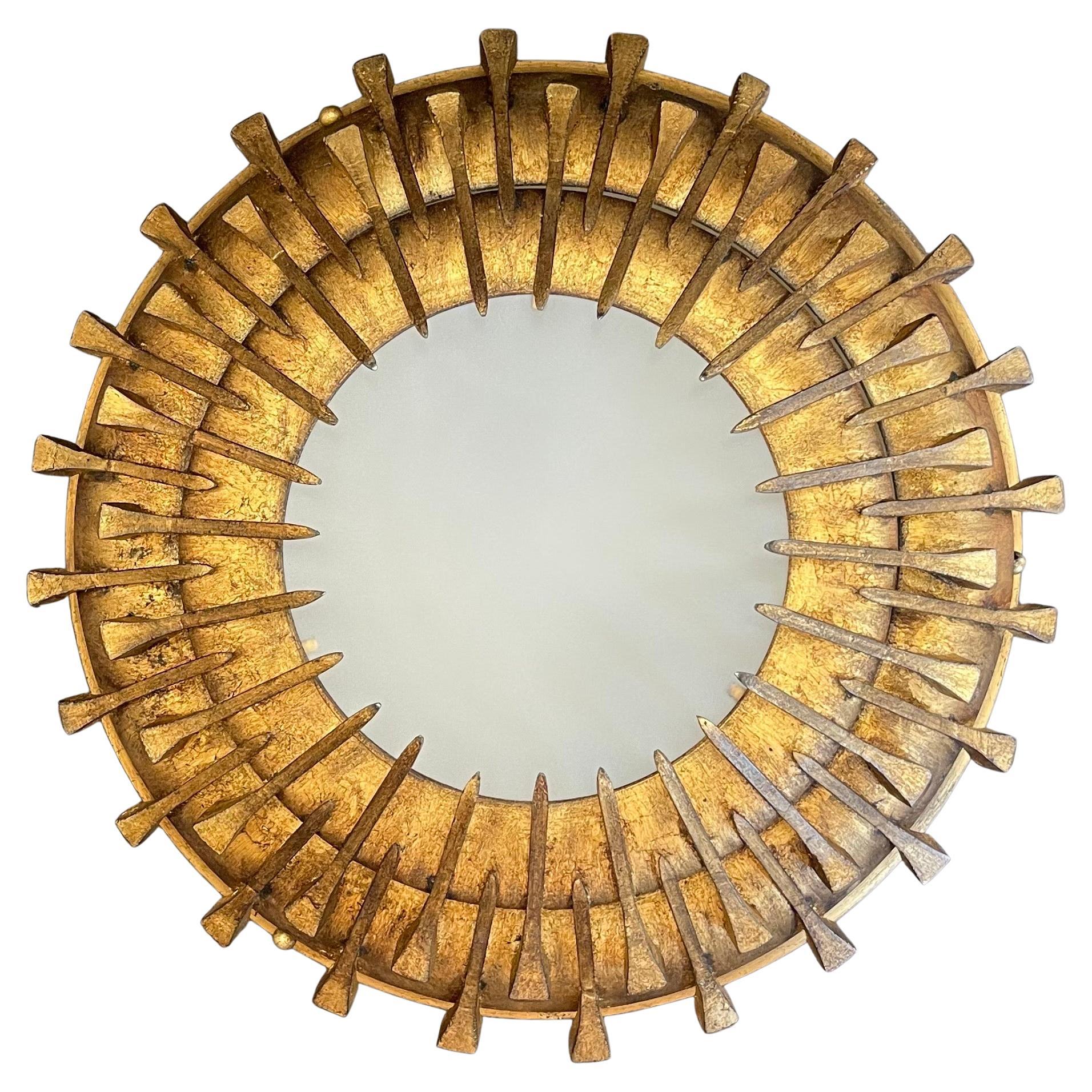 A Wonderful Modern Brutalist Style Large Starburst / Nail Design Flush Mount Fixture With Frosted Glass Center And 2 Candelabra Interior Lights Chandelier

 