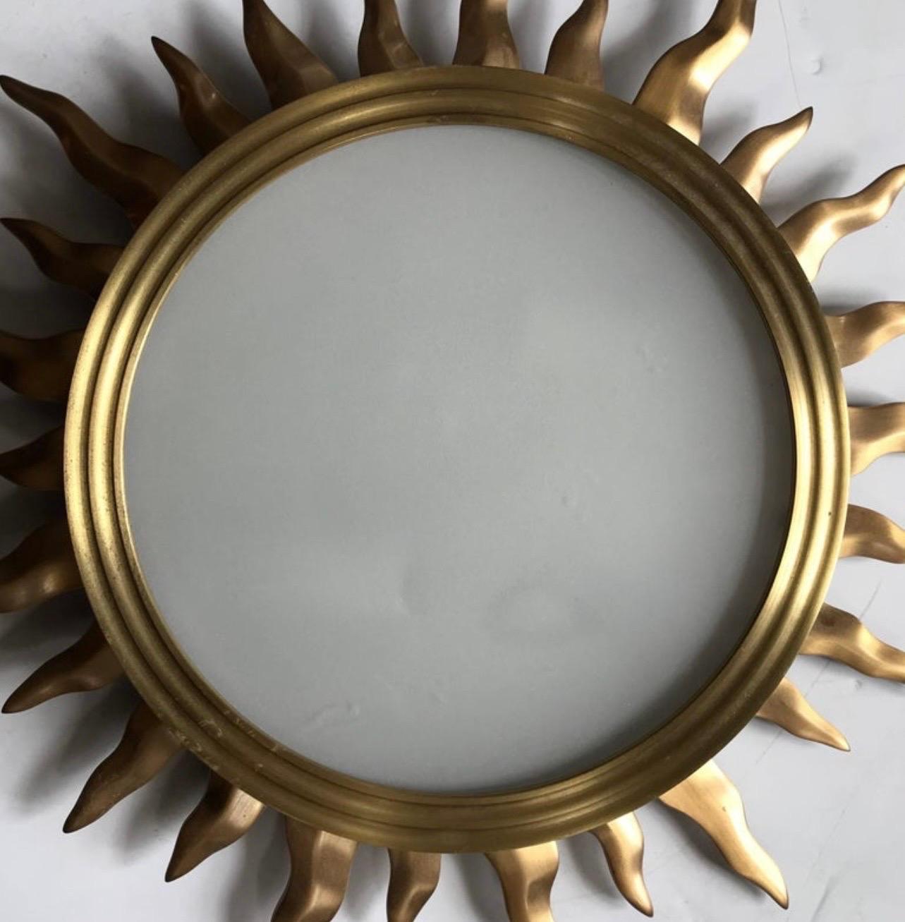 Wonderful Modern French Bronze Star Sun Frosted Glass Flush Mount Light Fixture In Good Condition In Roslyn, NY