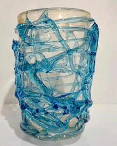 Maravillosa Escultura Moderna Italiana de Murano Arte en Vidrio Azul Jarrón Grande