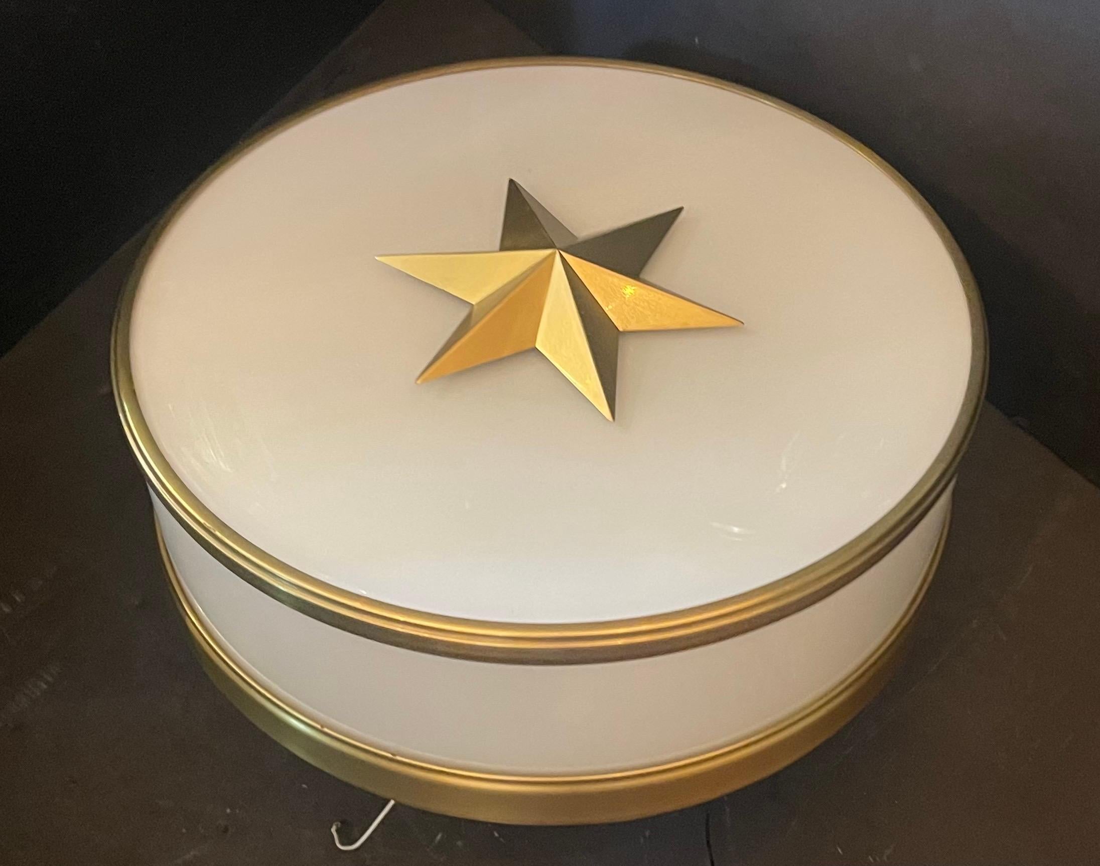 A Wonderful Modern Large Brass & Milk Glass Star Ceiling Flush Mount Light Fixture With Edison Lights
