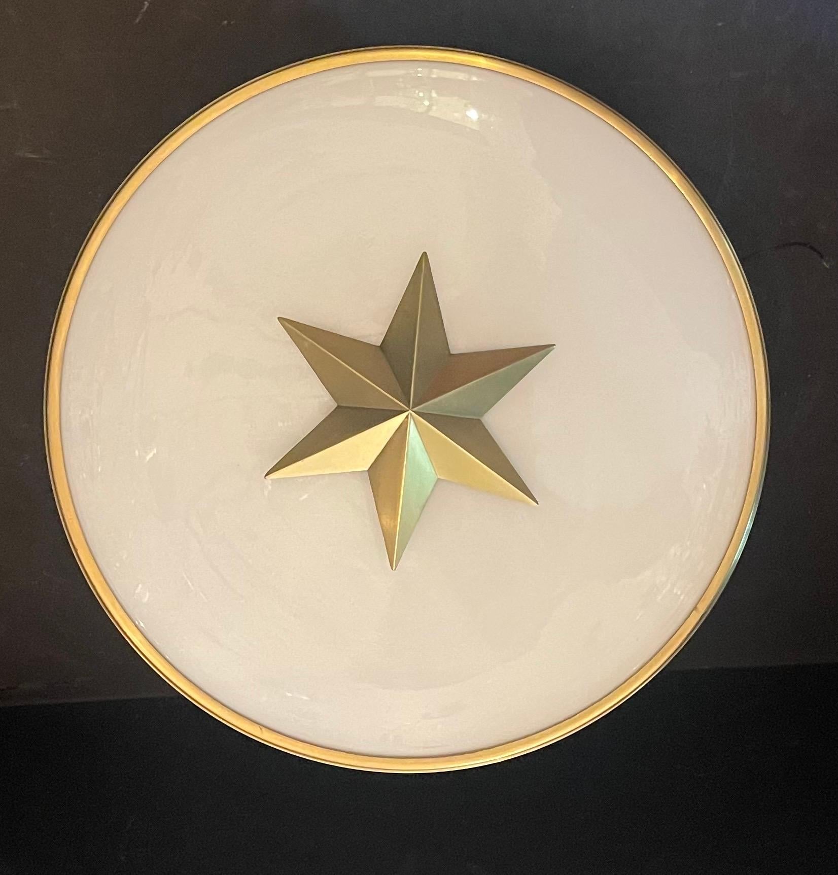 Wonderful Modern Large Brass Milk Glass Star Ceiling Flush Mount Light Fixture In Good Condition In Roslyn, NY