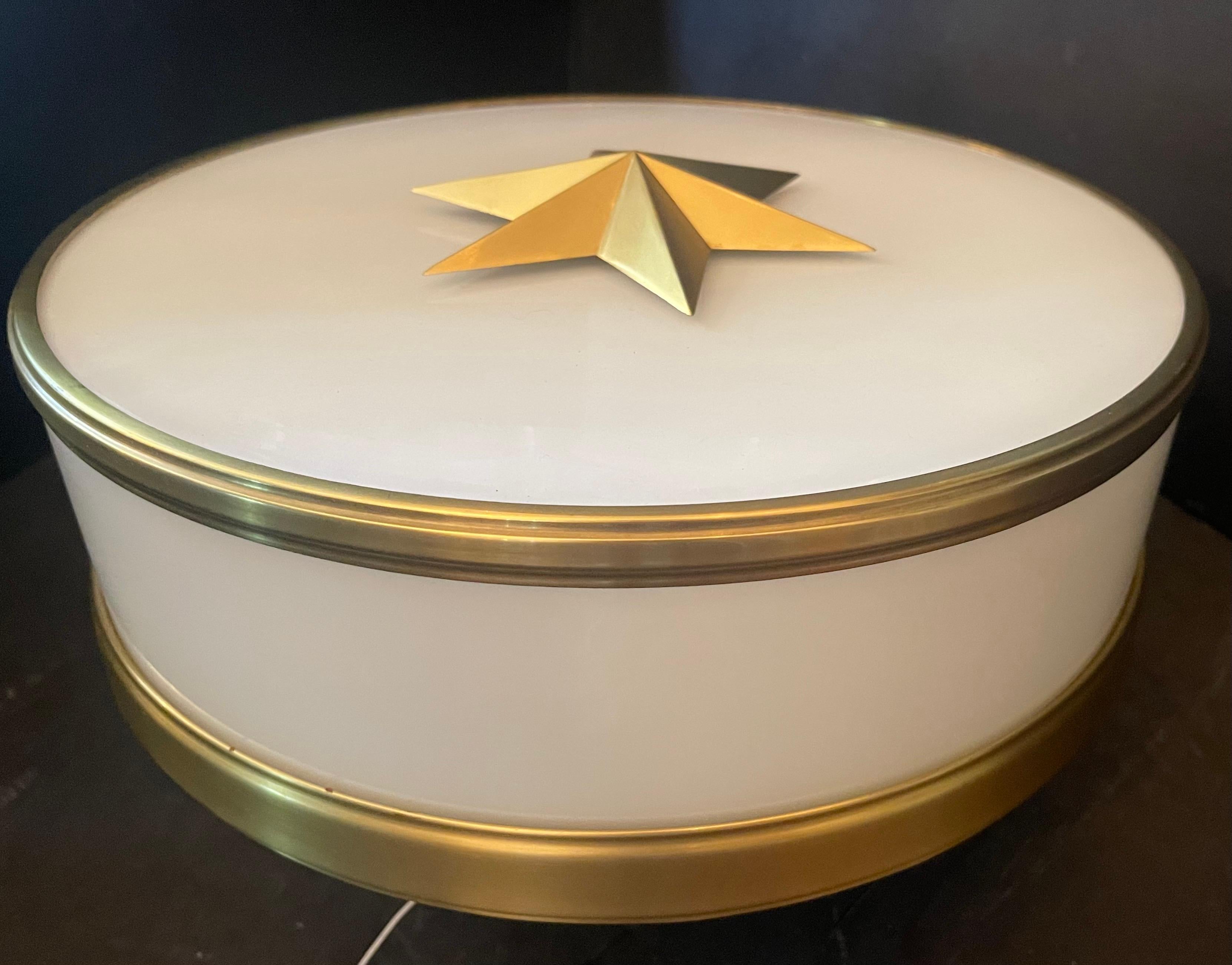 20th Century Wonderful Modern Large Brass Milk Glass Star Ceiling Flush Mount Light Fixture