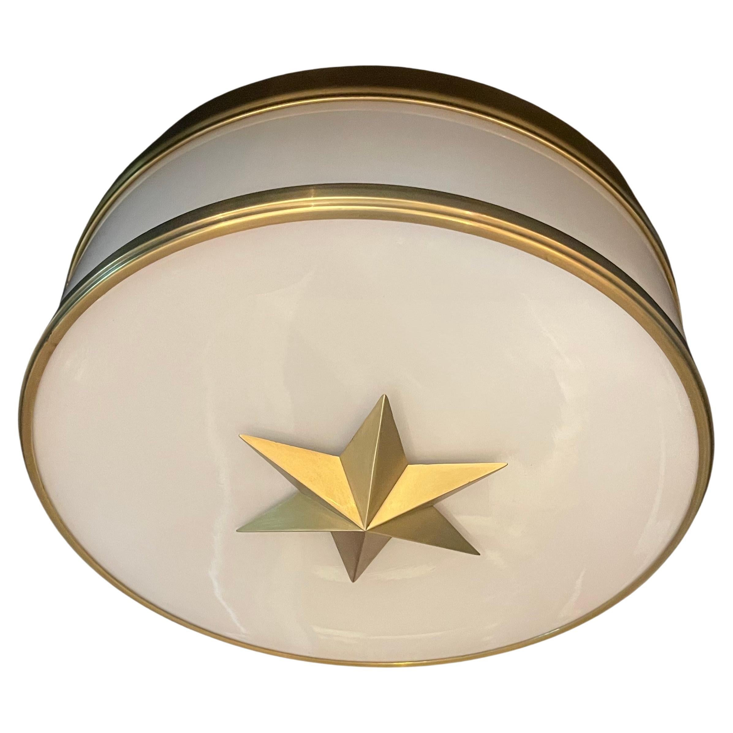 Wonderful Modern Large Brass Milk Glass Star Ceiling Flush Mount Light Fixture