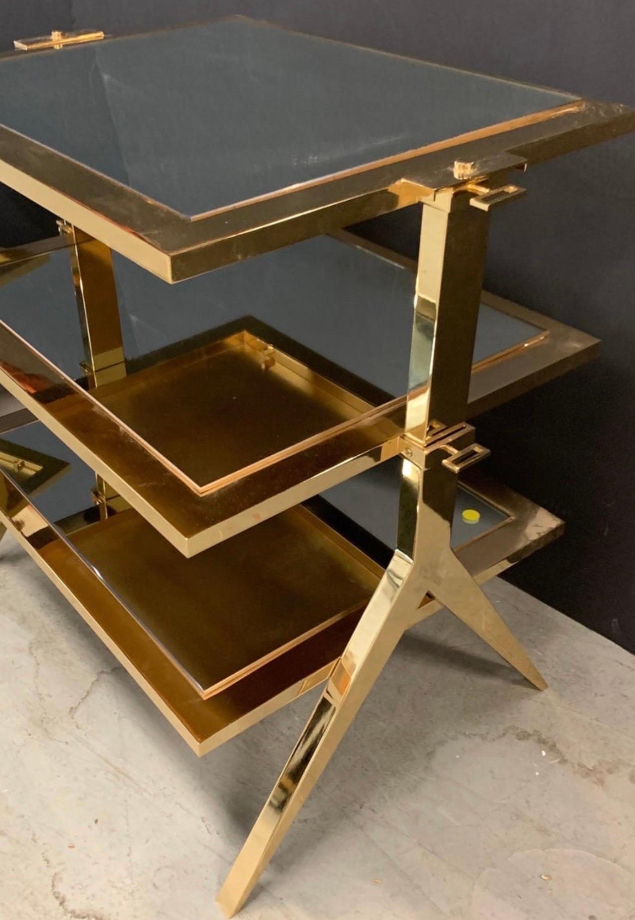 Italian Wonderful Modern Lorin Marsh Polished Brass Mirror Inset Three-Tier Side Table For Sale