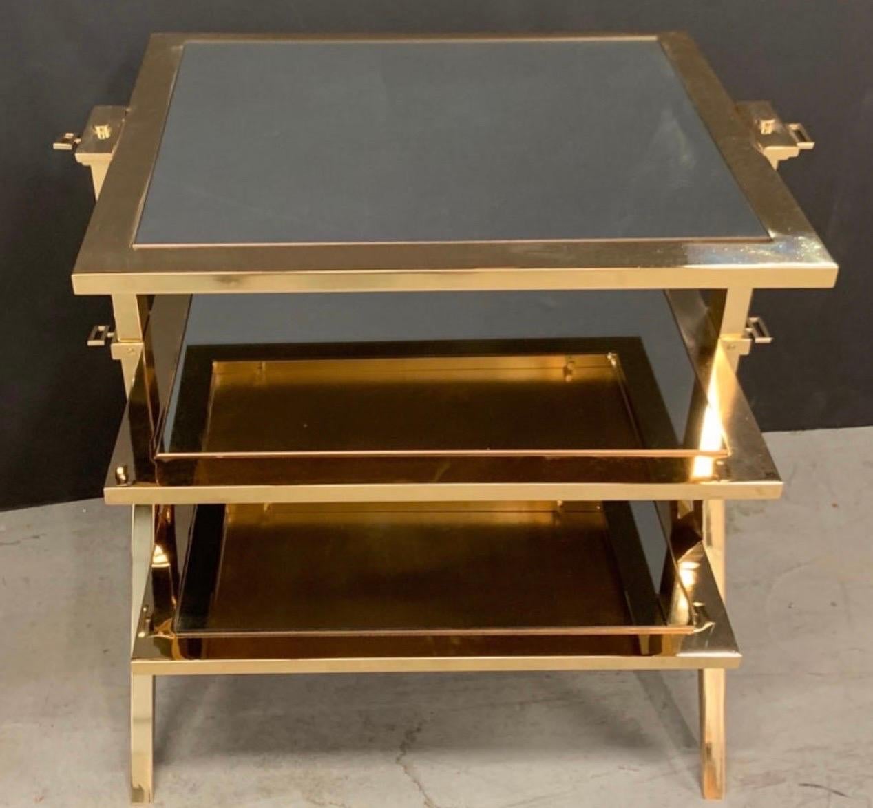 Wonderful Modern Lorin Marsh Polished Brass Mirror Inset Three-Tier Side Table In Good Condition For Sale In Roslyn, NY