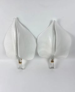 Wonderful Modern Pair Large Franco Luce Murano Art Glass Brass Leaf Wall Sconces