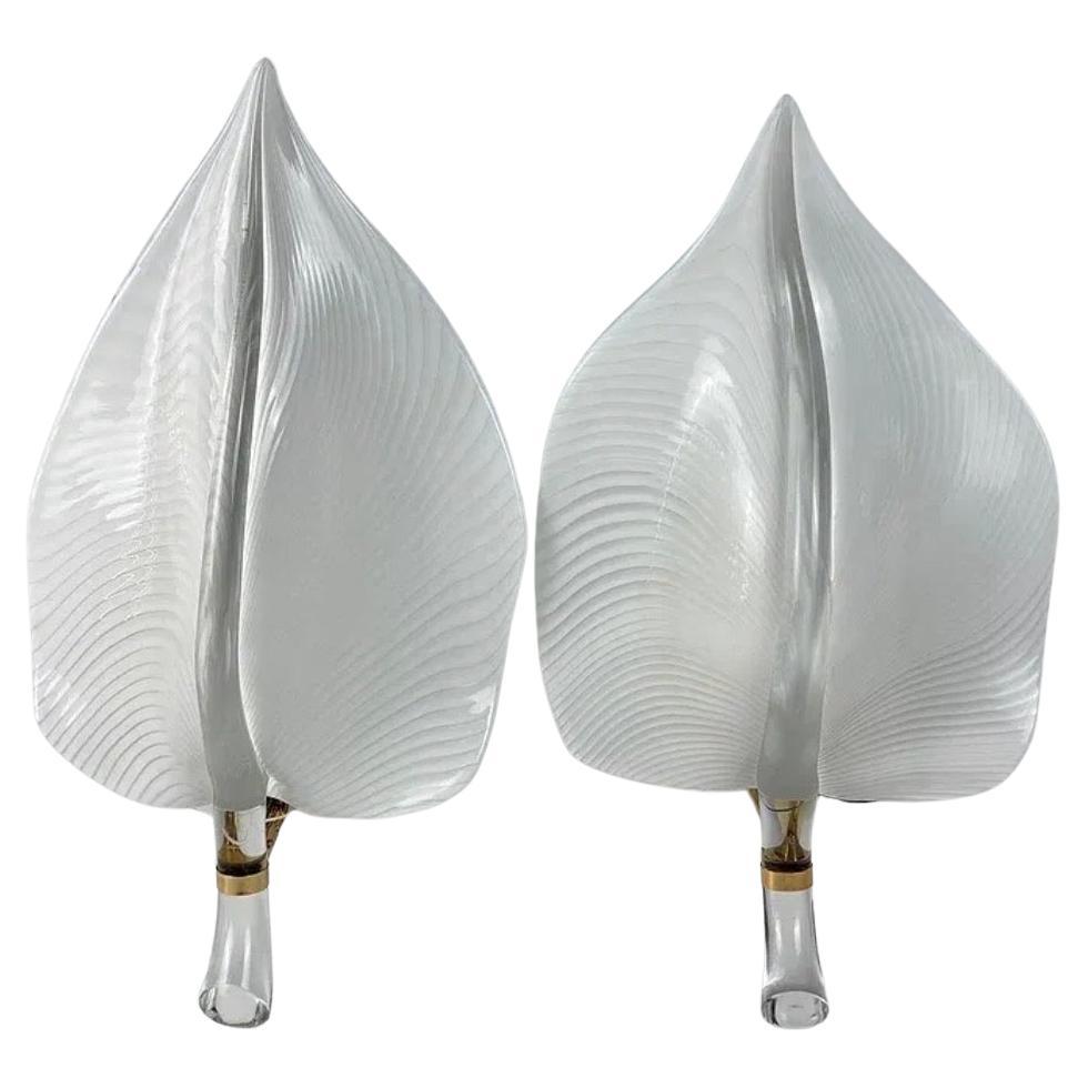 Wonderful Modern Pair Large Franco Luce Murano Art Glass Brass Leaf Wall Sconces For Sale