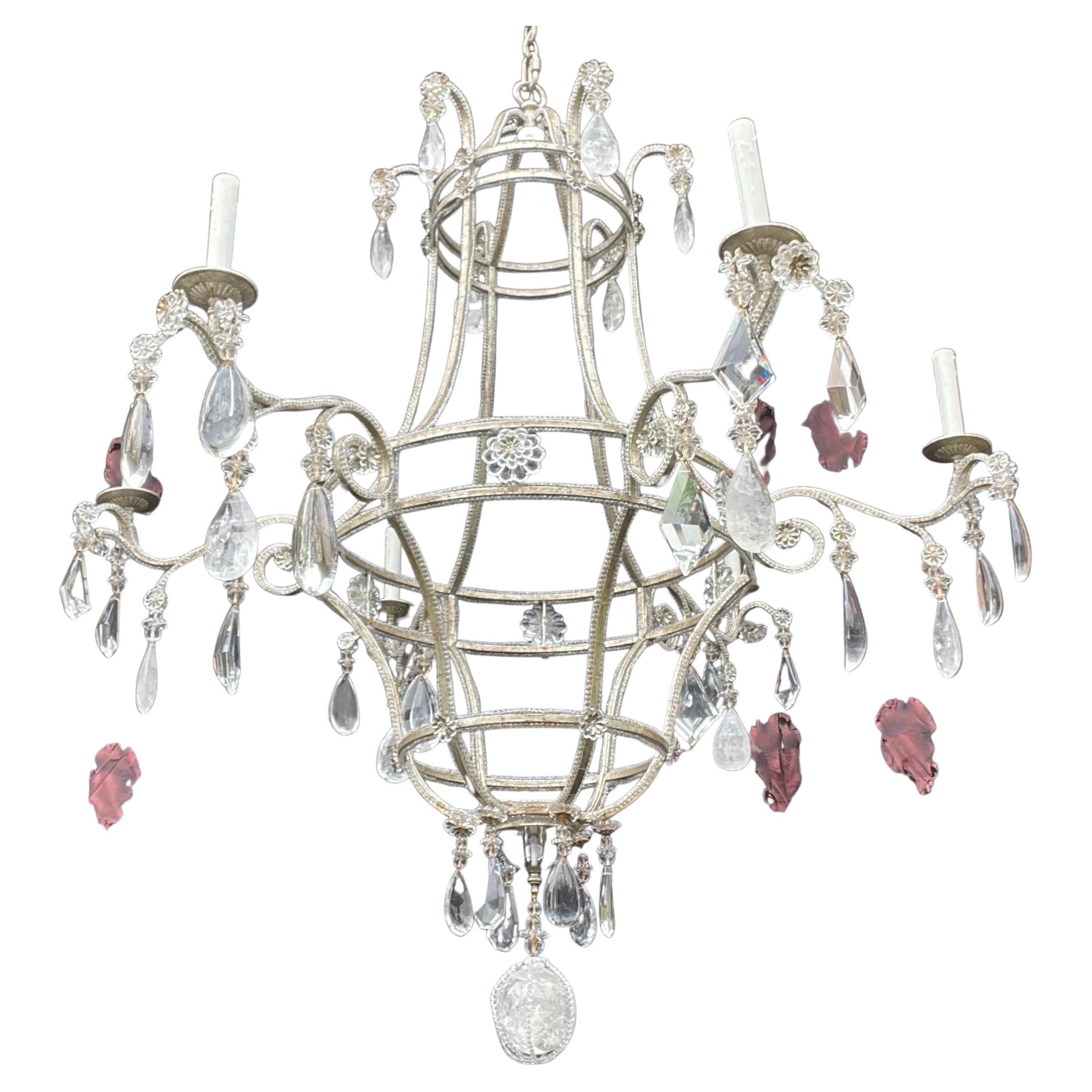 A Wonderful Modern Silver Leaf And Beaded Open Bird Cage Frame With Rock Crystal & Alternating Crystal Drops In The Manner Of Maison Baguès, Very Large Chandelier Has 6 Candelabra Sockets And Comes With Chain And Canopy.
Actual Fixture Measures 50