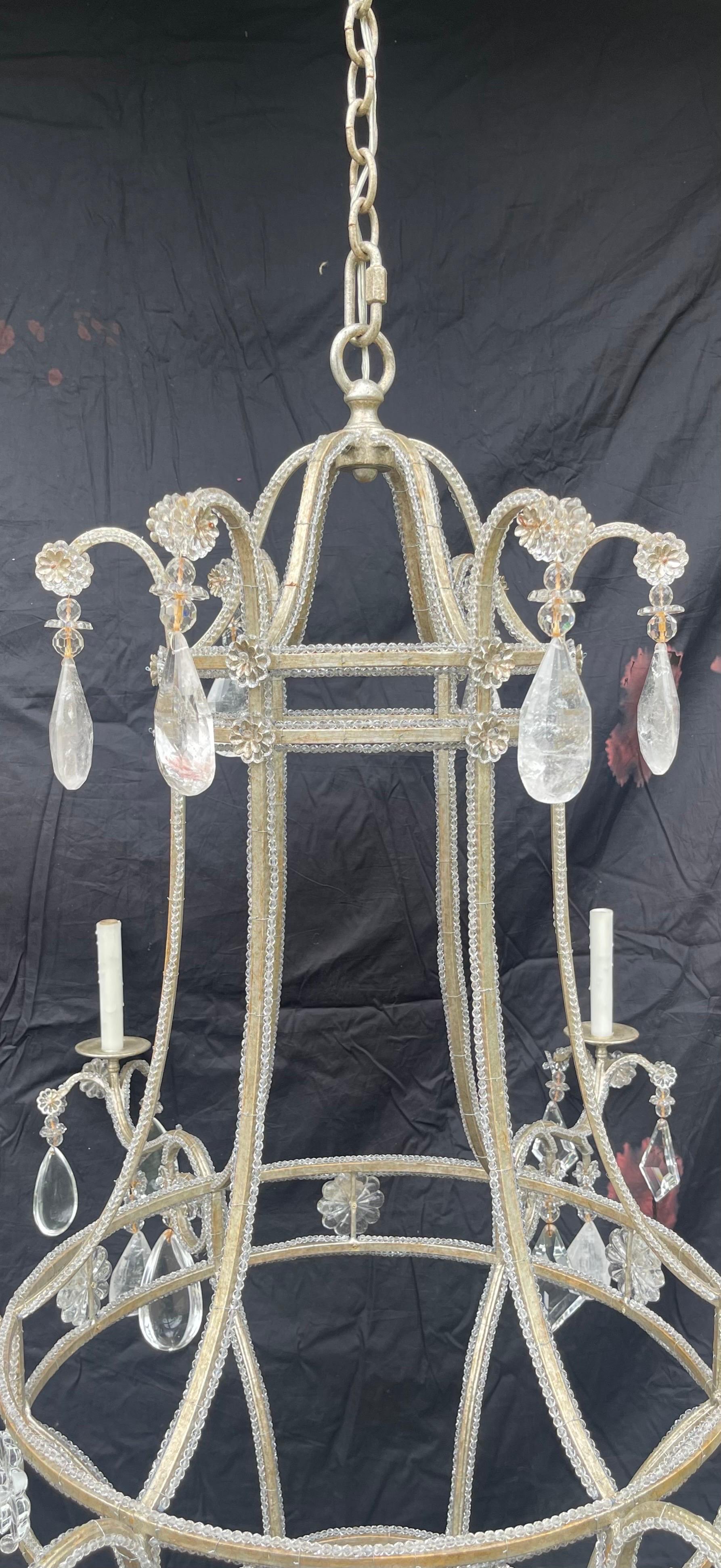 Wunderschöner Moderner Silberblatt-Perlen-Bergkristall Maison Baguès Großer Kronleuchter im Angebot 1