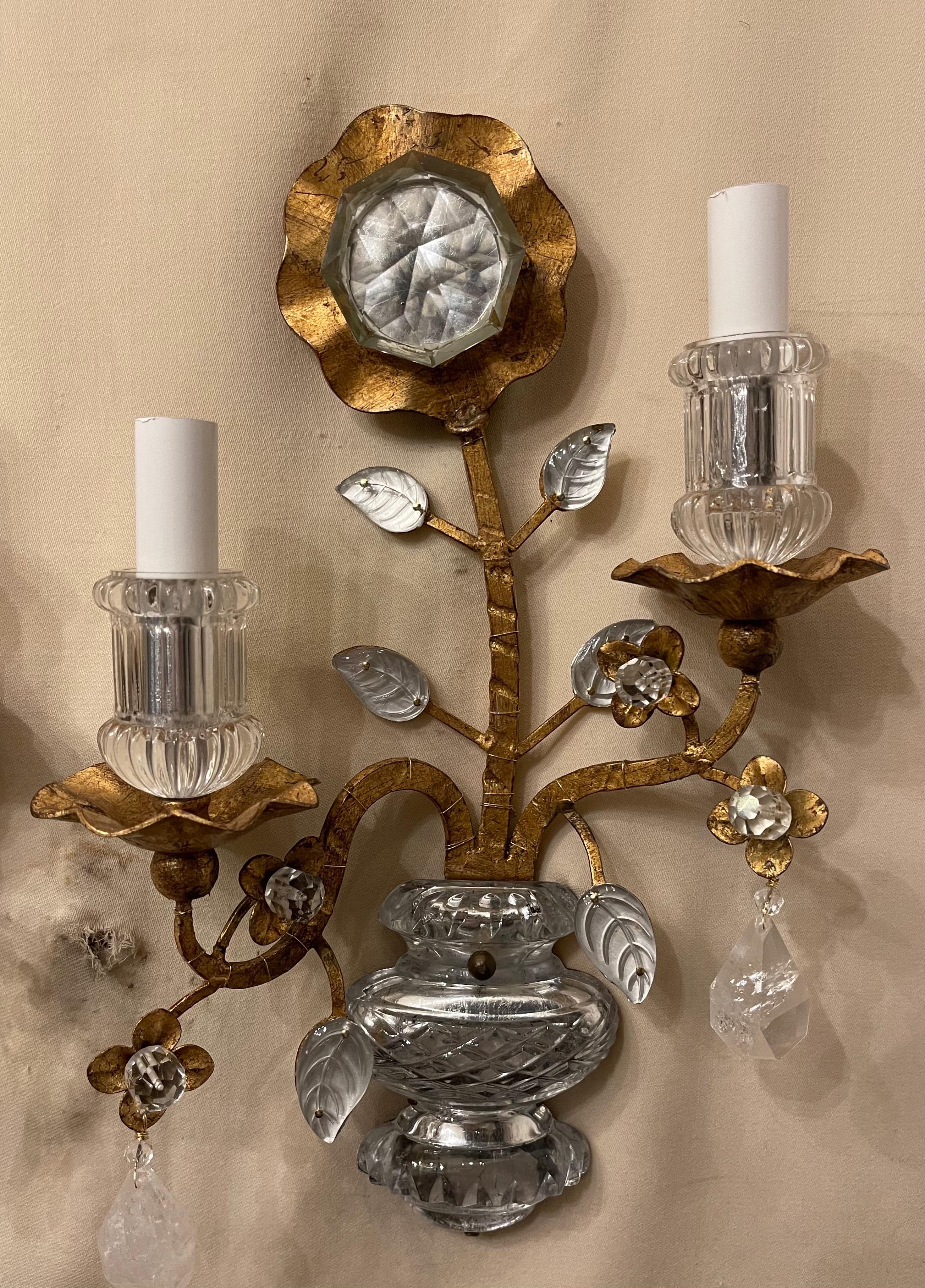 A wonderful pair modern transitional gold gilt Bague's style / Sherle Wagner flower form with glass urn base and decorated with rock crystal mid century two arm sconces.