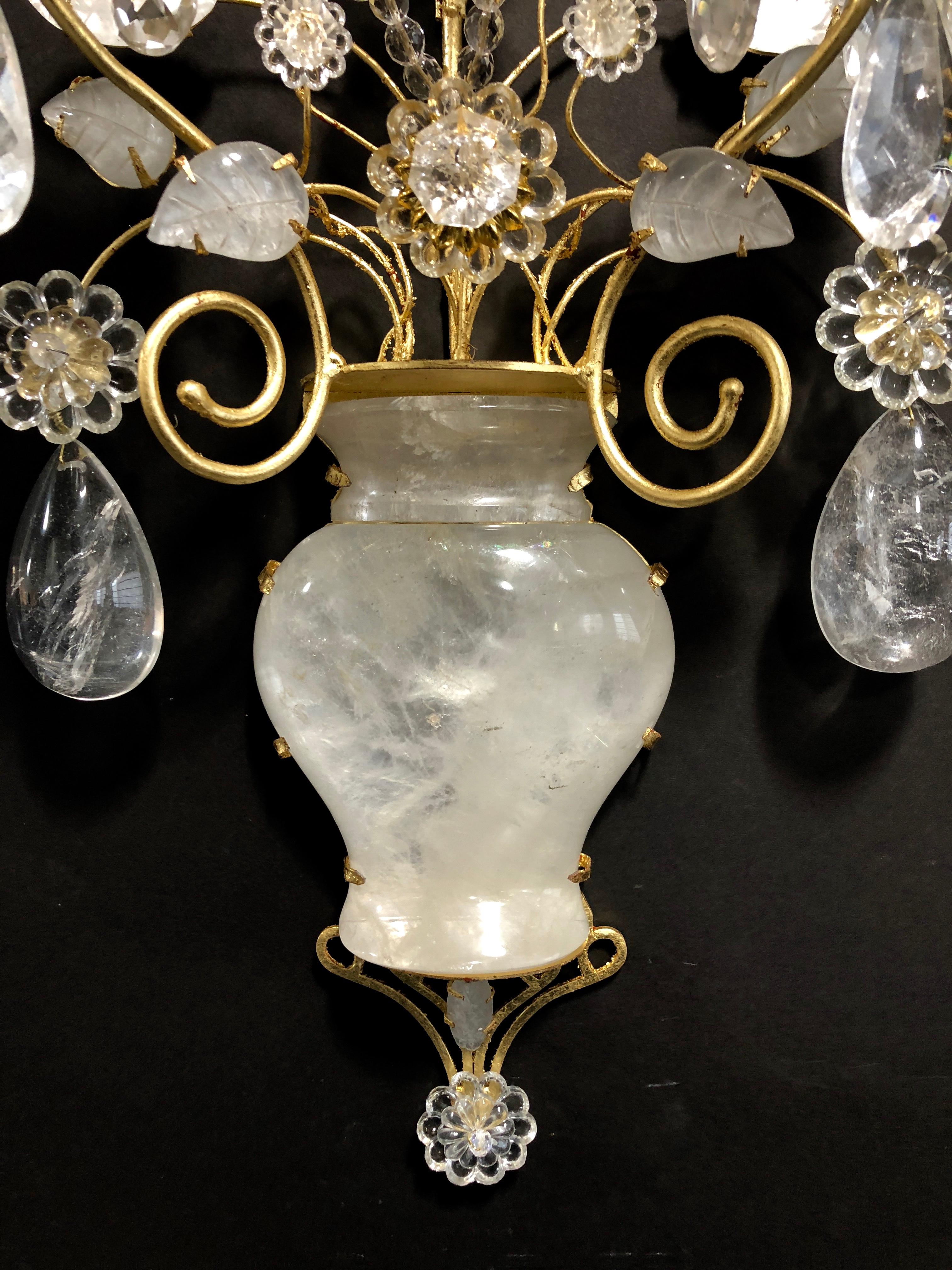 Belle Époque Wonderful Modern Transitional Gold Gilt Baguès Rock Crystal Mid Century Sconces