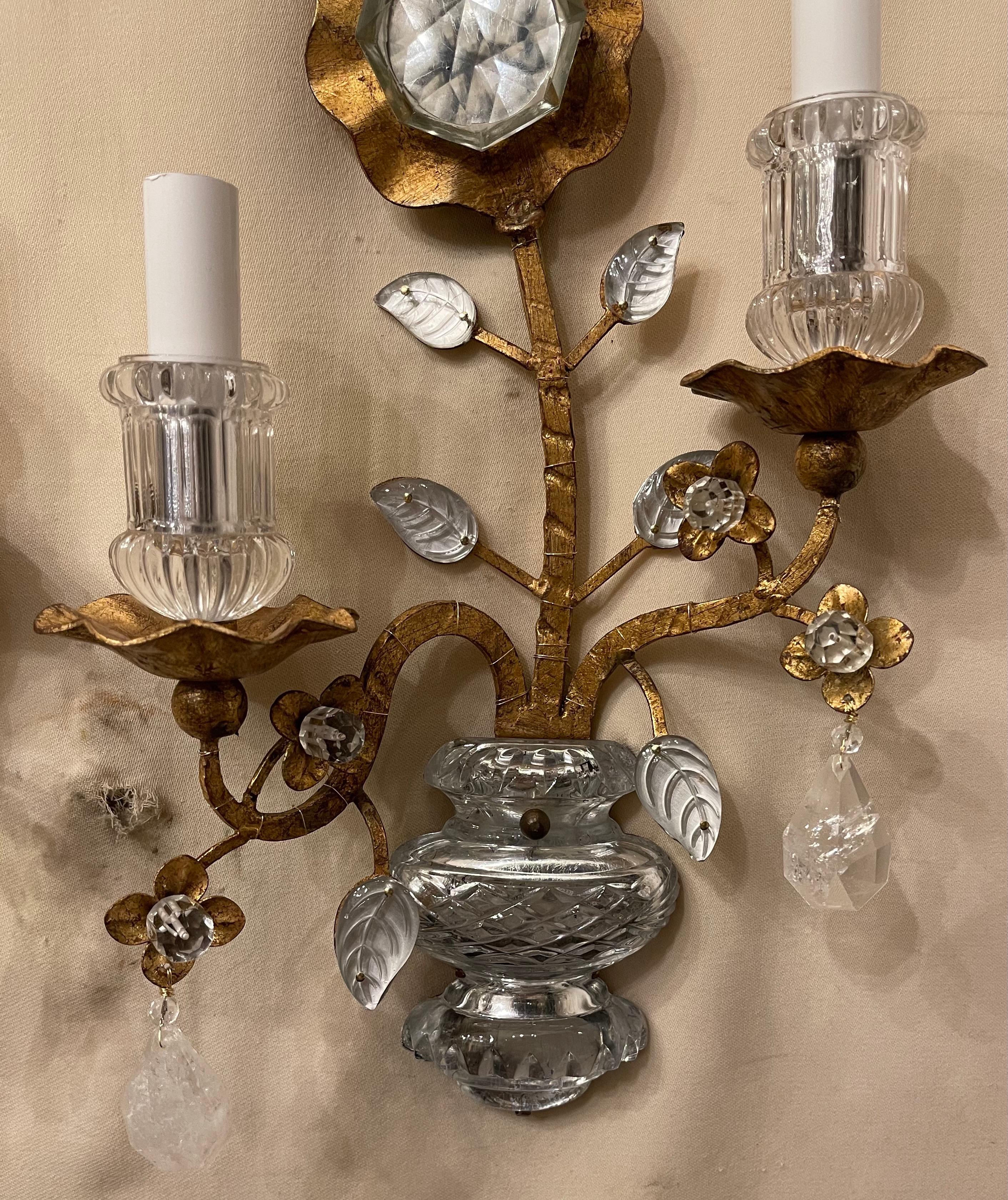 Wonderful Modern Transitional Gold Gilt Baguès Rock Crystal Mid Century Sconces In Good Condition In Roslyn, NY