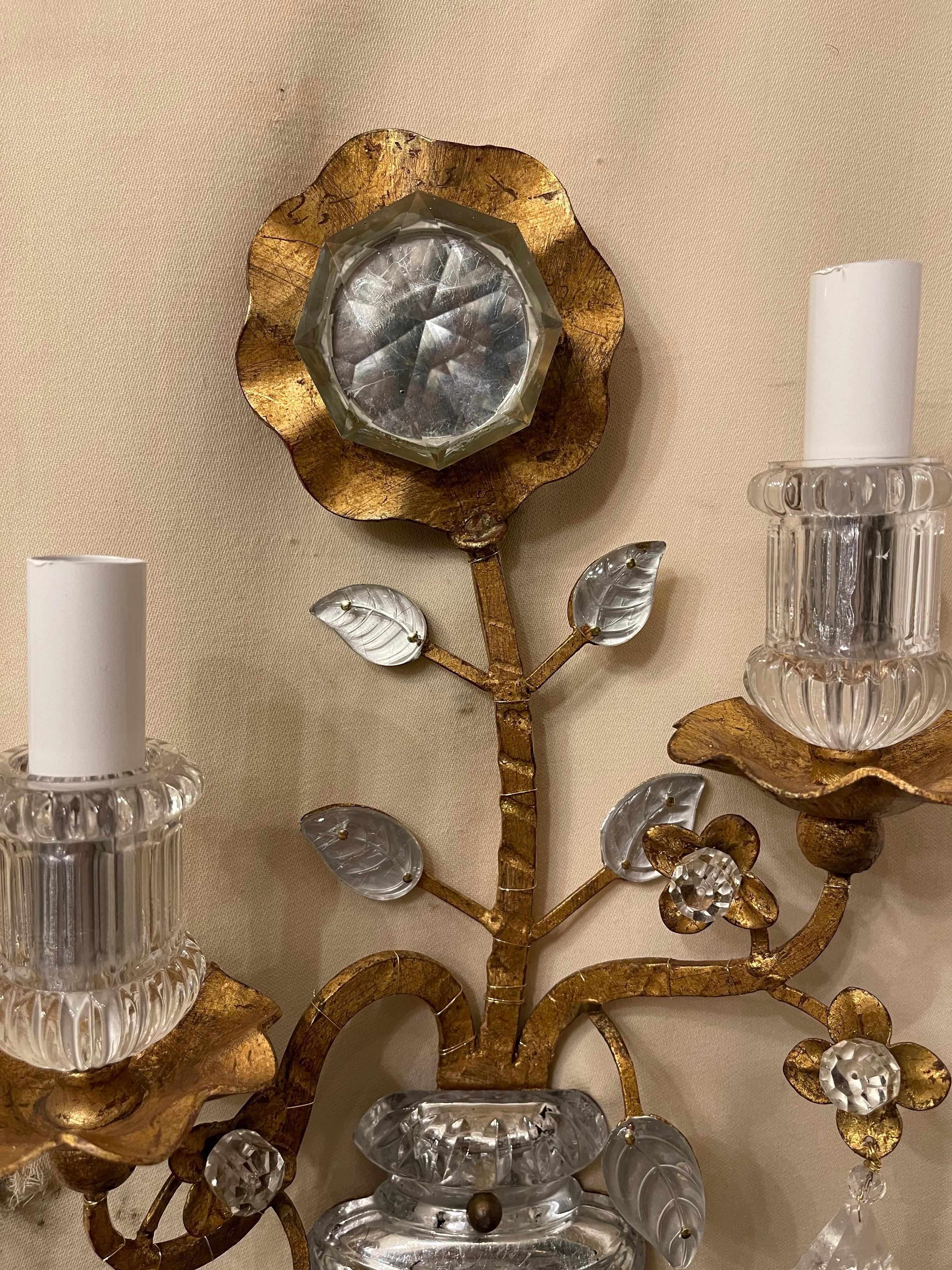 20th Century Wonderful Modern Transitional Gold Gilt Baguès Rock Crystal Mid Century Sconces