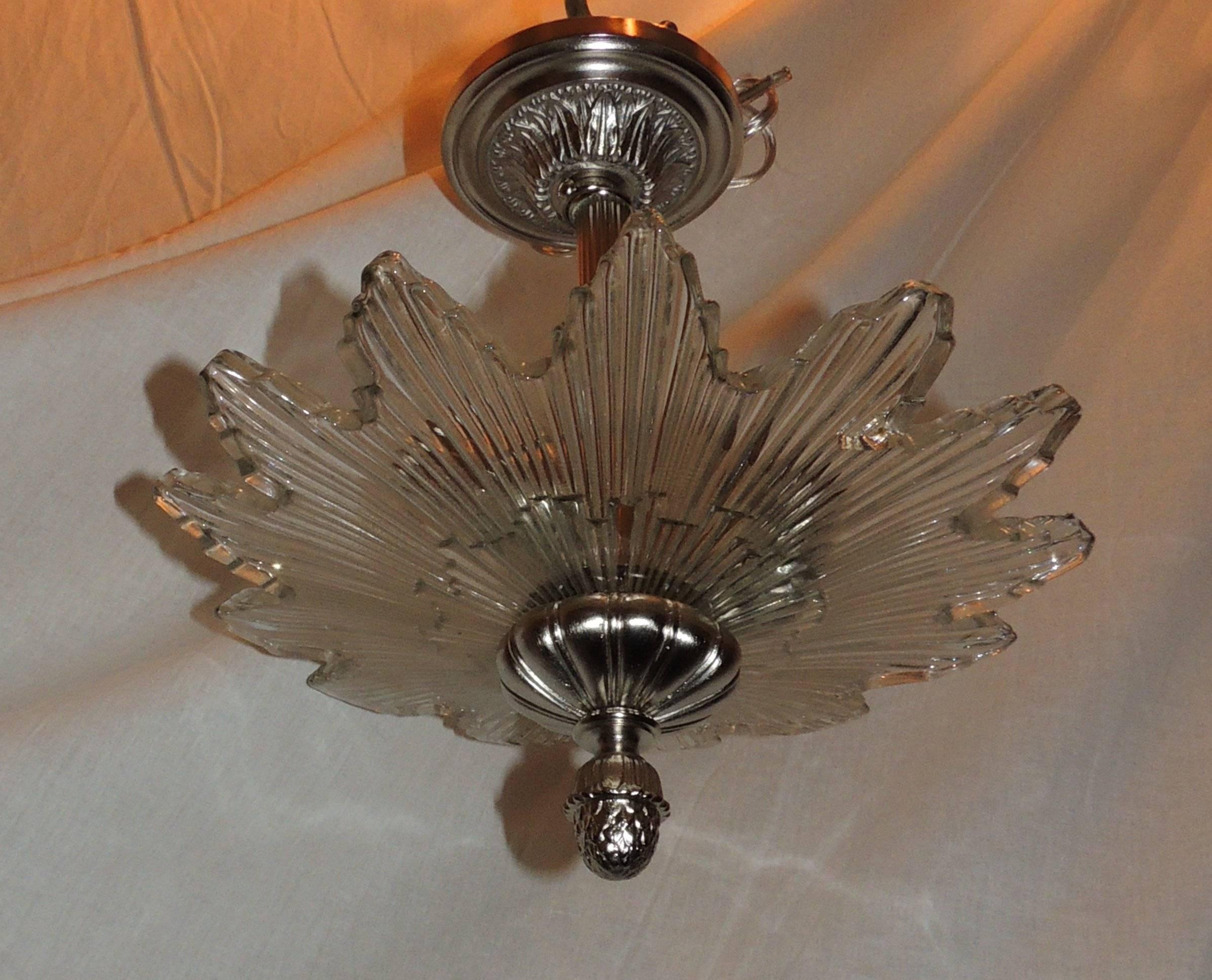 Wonderful modern transitional nickel deco style star three-light chandelier fixture 

Beautiful fluted glass star shaped glass with nickel canopy and trim.

 Measures: 9