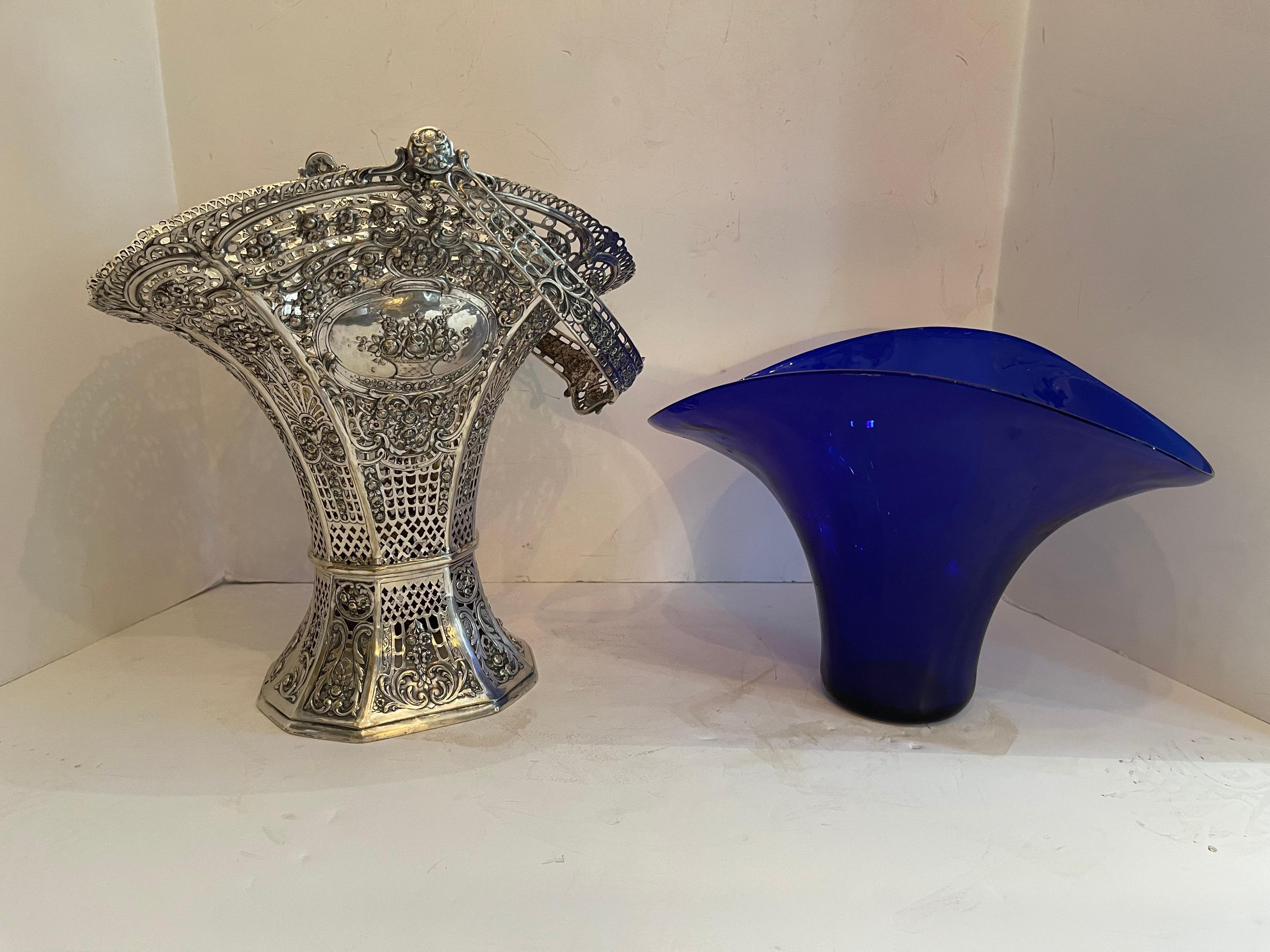 German Wonderful Monumental European Sterling Silver Bridal Basket Cobalt Blue Glass For Sale