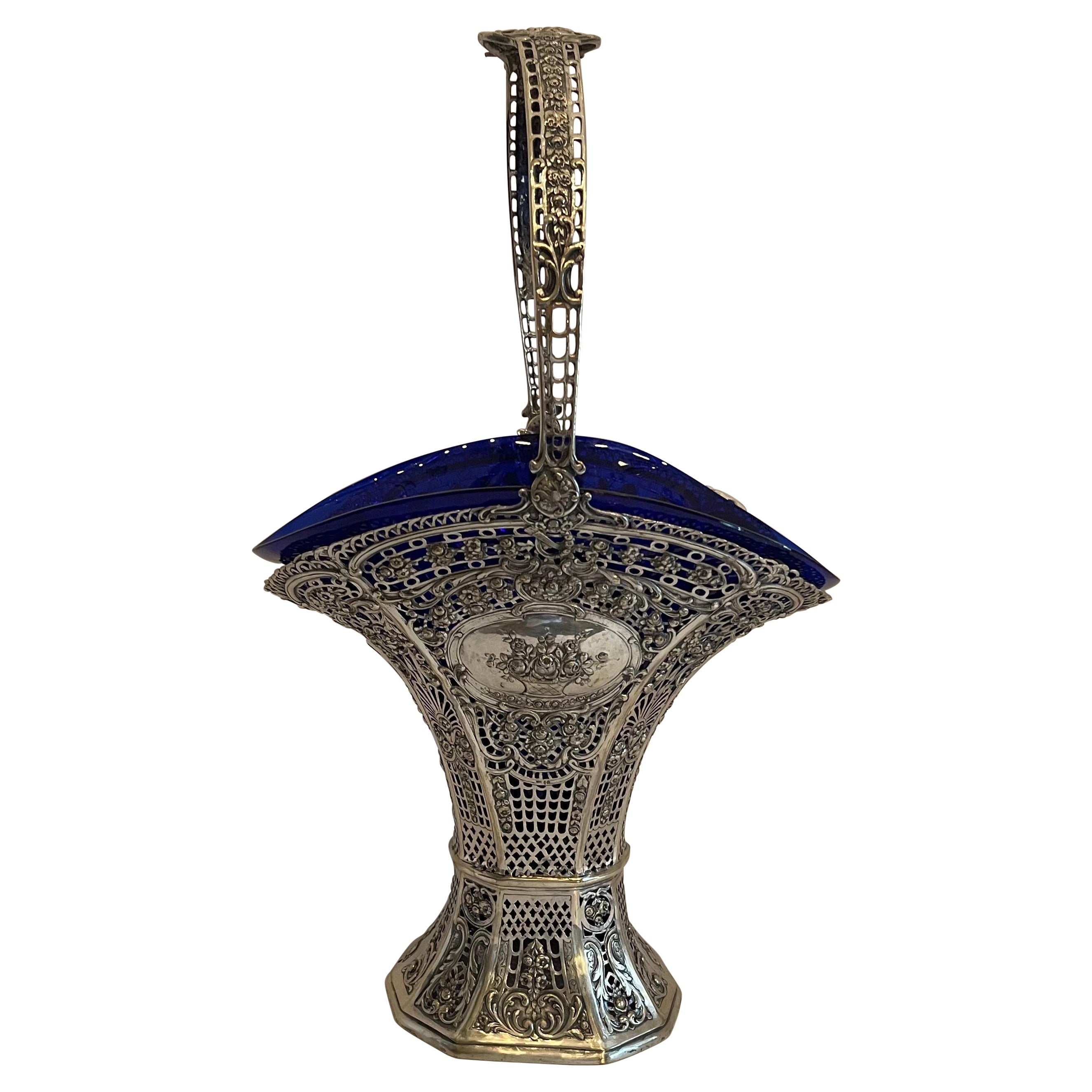 Wonderful Monumental European Sterling Silver Bridal Basket Cobalt Blue Glass