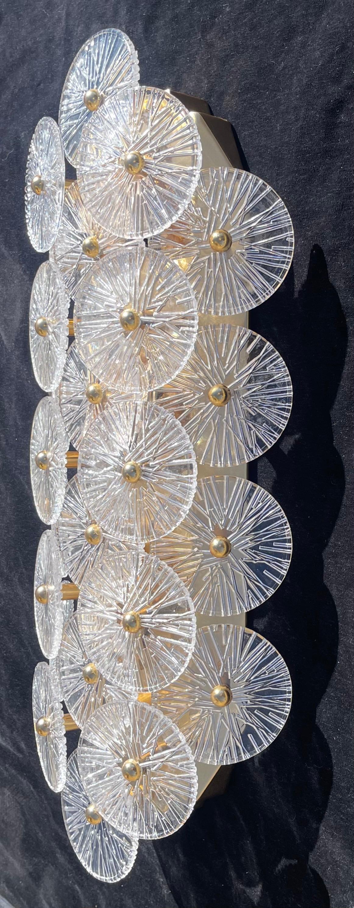 A Wonderful Monumental Large Pair Of Mid Century Modern Style Murano Clear Glass Disc & Brass Sconces In The Manner Of Carlo Nason