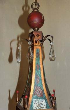 Wonderful Moroccan Tole Vintage Mirrored Crystal Fixture Hand Painted Chandelier