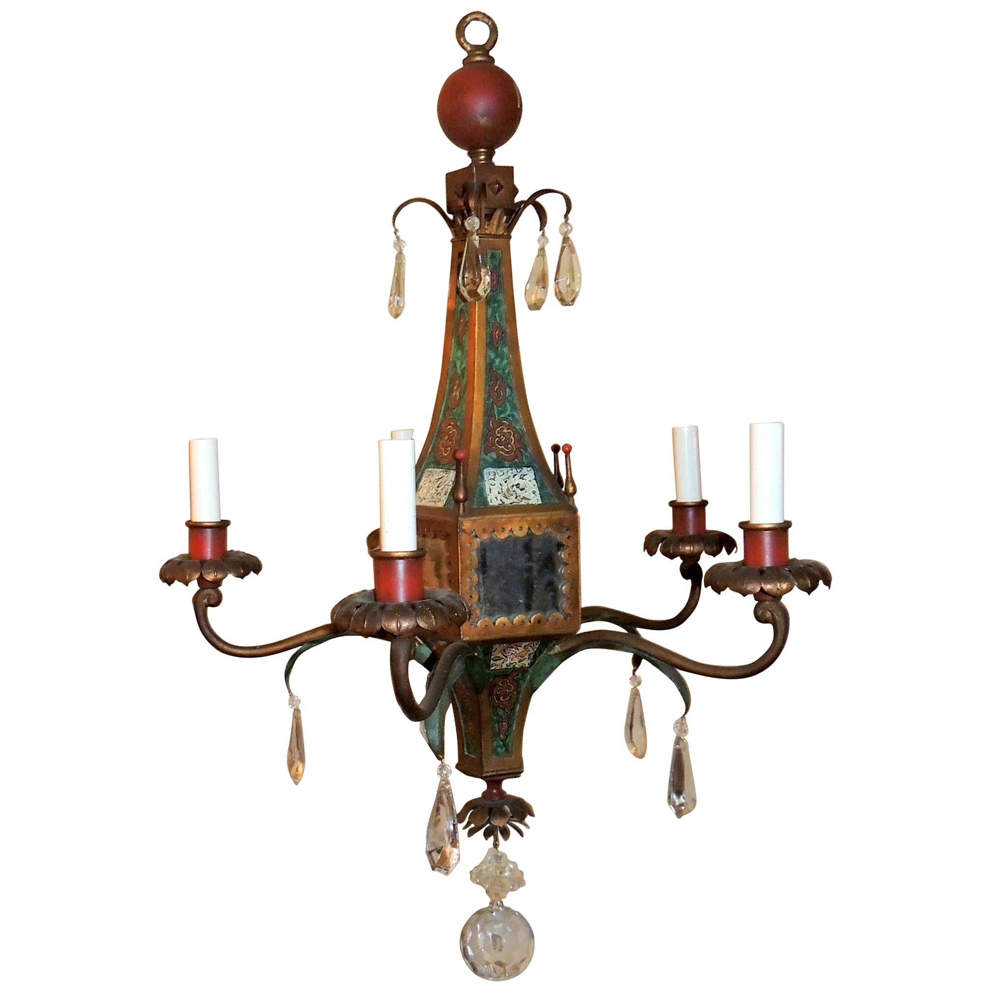 Wonderful Moroccan Tole Vintage Mirrored Crystal Fixture Hand Painted Chandelier For Sale