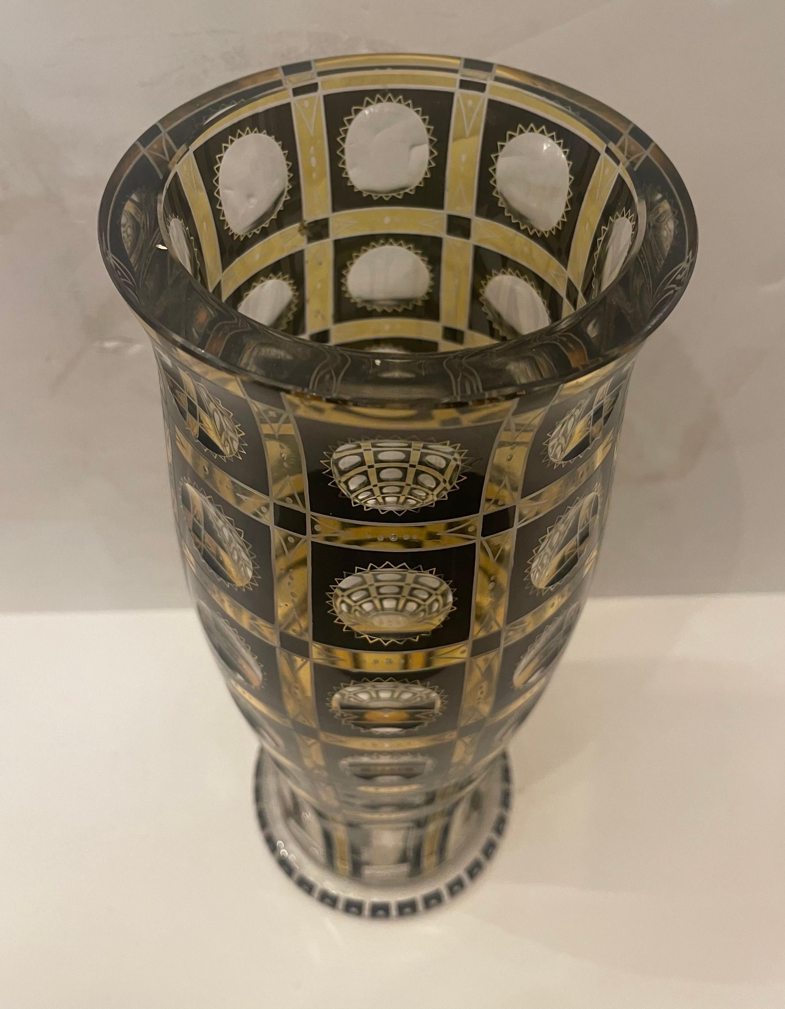 Wonderful Moser Art Glass Art Deco Enameled Yellow Black Etched Crystal Vase In Good Condition For Sale In Roslyn, NY