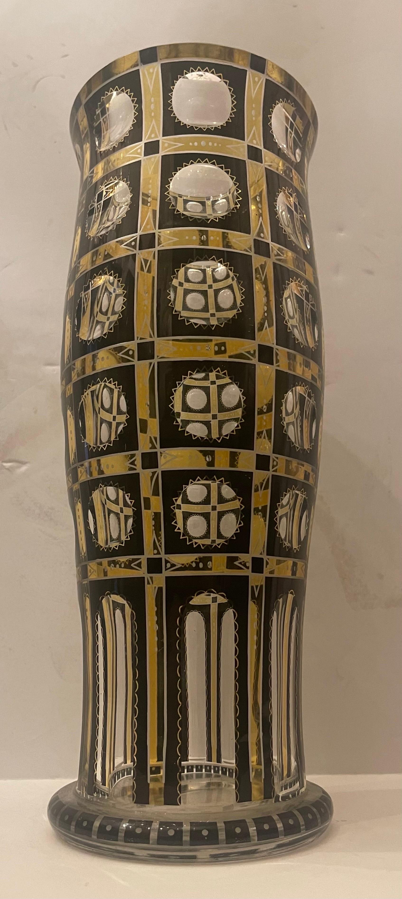 20th Century Wonderful Moser Art Glass Art Deco Enameled Yellow Black Etched Crystal Vase For Sale